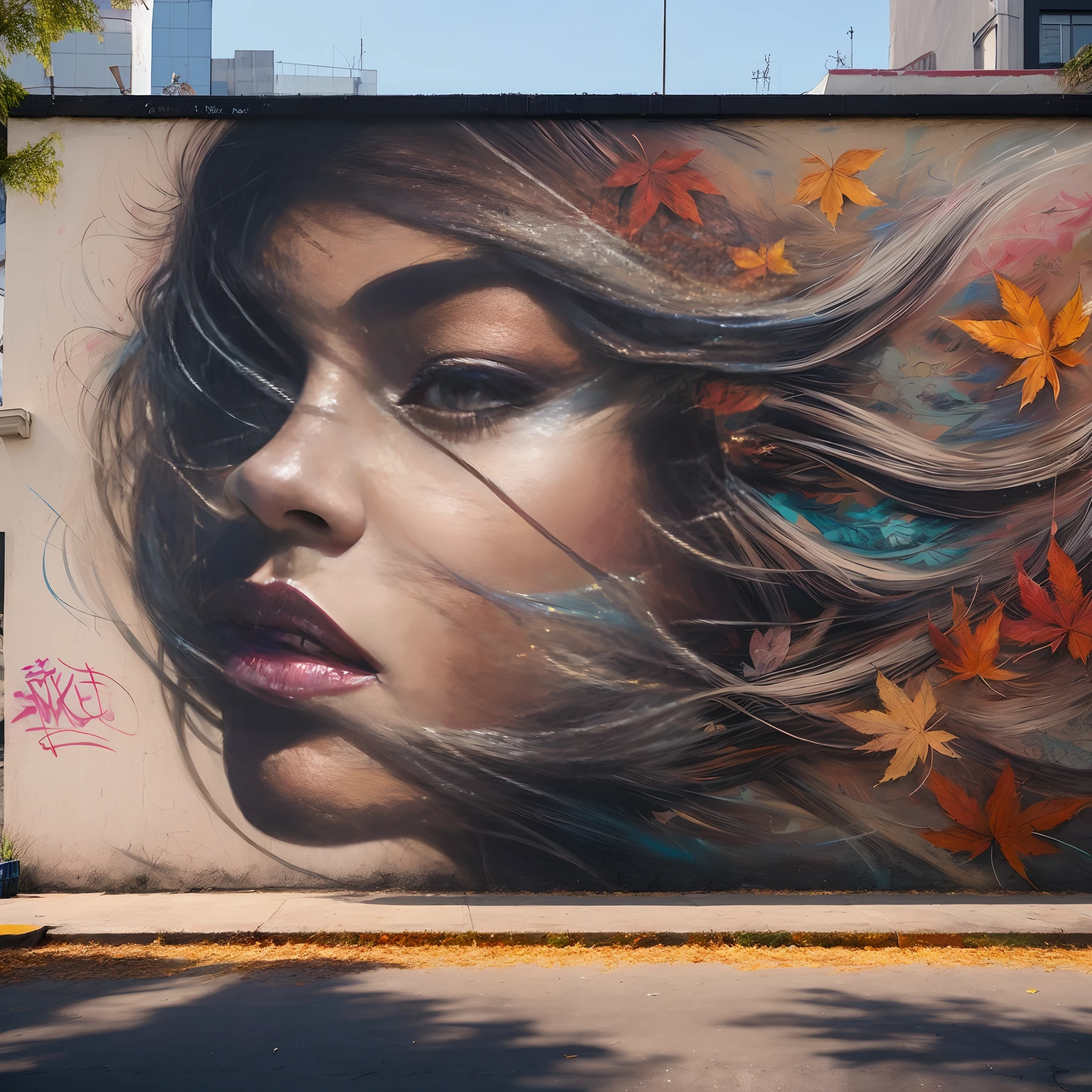 graffiti of a woman with long hair and leaves on a wall, street art 8 k, stunning artwork, by Tony Sart, by NEVERCREW, by Galen Dara, street art, beautiful digital artwork, by Camilo Egas, painted on a giant wall, amazing artwork, by Matteo Pérez, streetart, street art:4 masterpiece, street art : 4 masterpiece