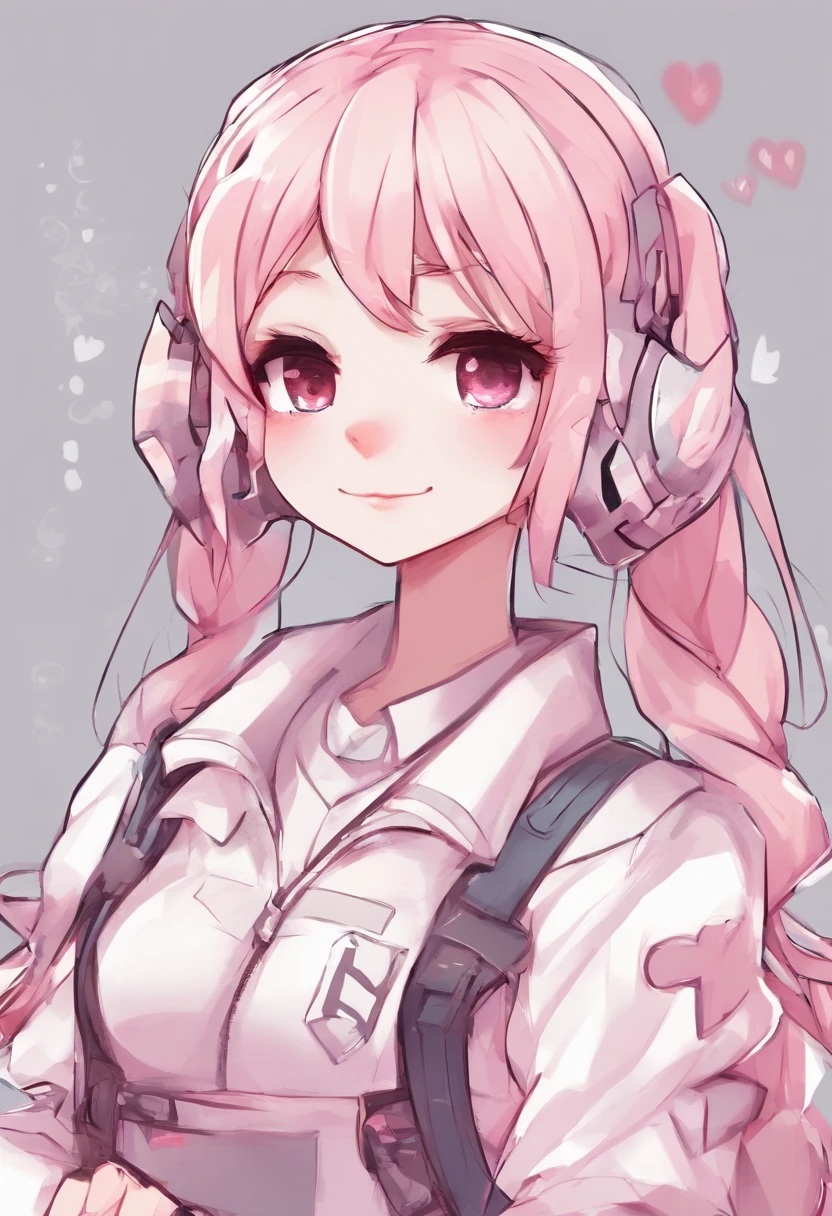 chibi anime gamer girl light pink pigtails hair really pale skin profile picture smiling winking white background with hearts basic