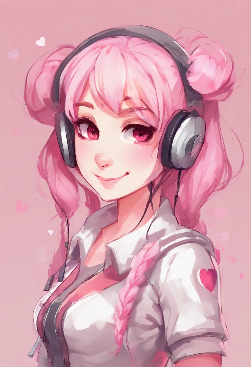 chibi anime gamer girl light pink pigtails hair really pale skin profile picture smiling winking white background with hearts basic