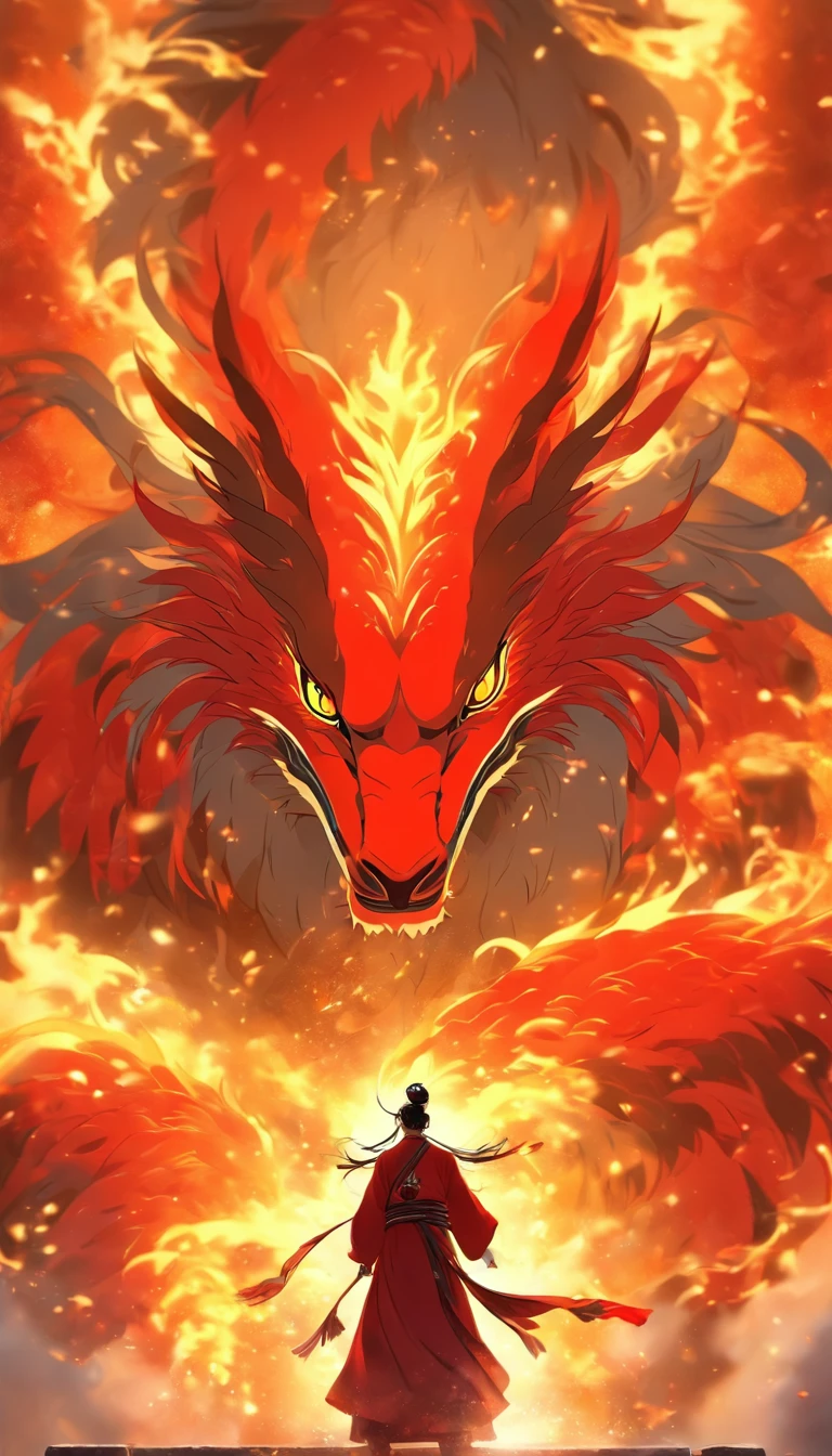 China-style,中景 the scene is,The Taoist priest stood in front of the huge firebird with open wings,massive wings,Stretch out your hands,long messy hair,efeitos de brilho,hyper-realistic,Ultra foto realsisim,Estilo de tinta chinesa,fogoso,vermelho,Mancha,tinta,8k,super-fino,alta qulidade,(((Renderizador OC)))