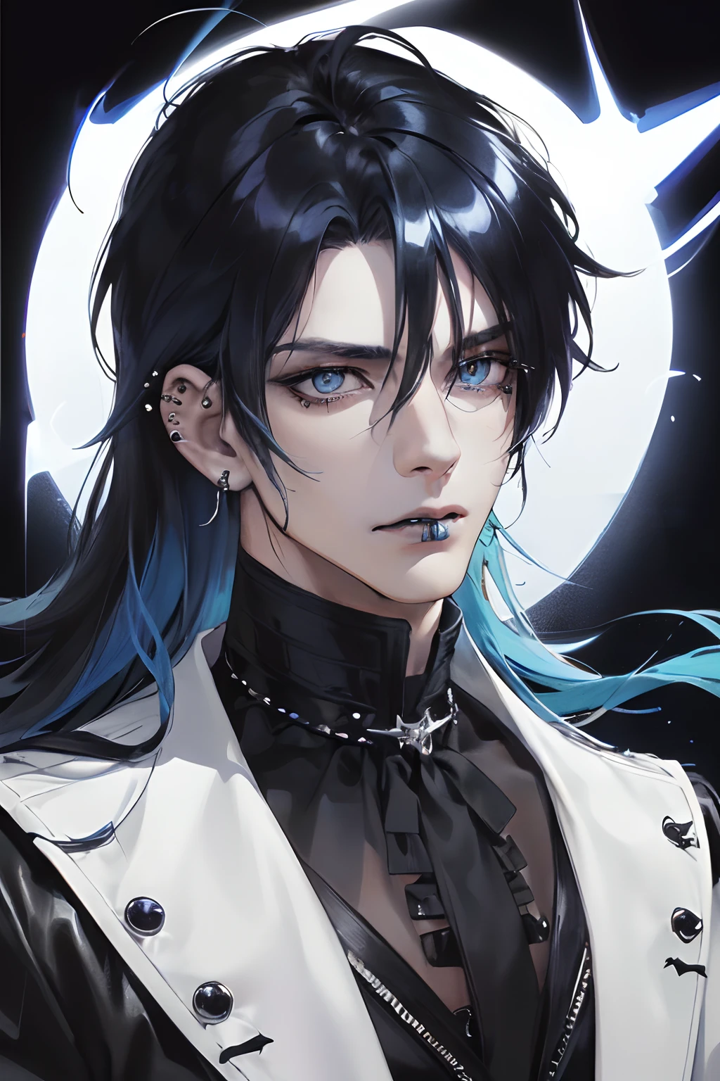 photography of a sexy man, a solo man, (((man))), (masculine face), 40 years old, demon, bad boy, (blue eyes), expressive look, blue hair, white bangs, black lips, (((piercings))), (ear piercings), (gotjic style), japanese style, ((((visual kei))), (((dark background))), shine hair, unshaven, black clothes, long sleve jacket, super detailed face, perfect body, perfect shapes, realistic image, award winning photography, 8k, (((perfect shiny eyes)))