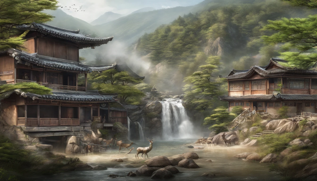 A small valley in the mountains of Korea, Traditional Korean Houses, deer, waterfall