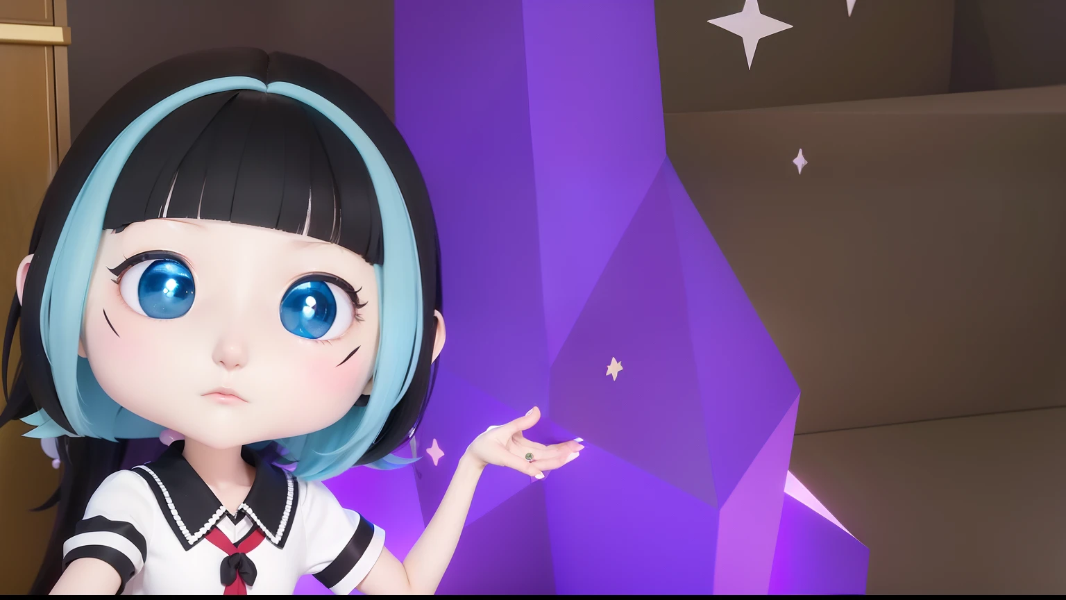 Anime girl with black hair and blue eyes in uniform, inspired gacha club game, upper body 2d game avatar, flat anime style, Stylized anime, style of maple story, my dress up darling anime, anime moe art style, anime stylized, anime styled 3d, holding a pudica pose, live2d virtual youtuber model, Tsuaii