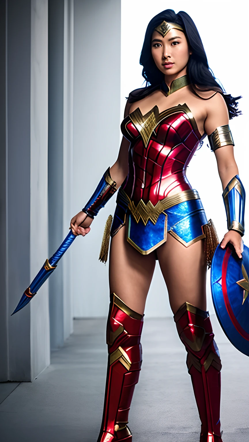 photo of southeast asian wonder woman, red and blue armor, full body shot, photography, clean backgrounds, soft lighting, soft details,ultra high detail, ultra realistic, cinematic,16k