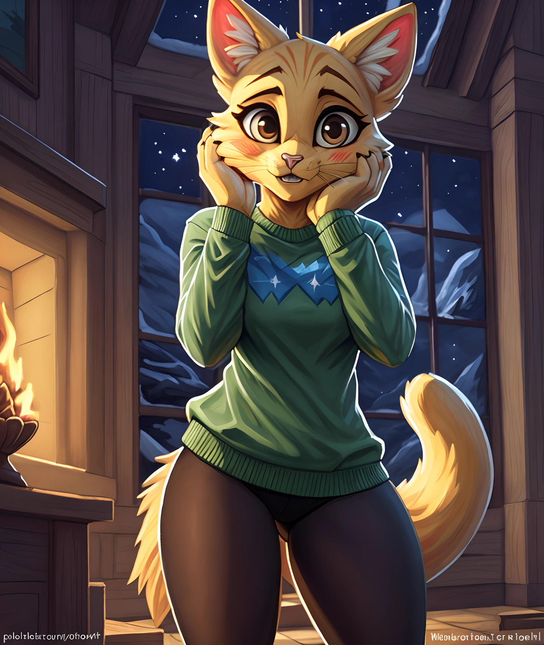 [katia managan], [Uploaded to e621.net; (Pixelsketcher), (foxovh), (wamudraws)], [(Uploaded to twitter.com); (@senip)], ((masterpiece)), ((solo portrait)), ((full body)), ((front view)), ((furry; anthro)), ((detailed fur)), ((detailed shading)), ((beautiful render art)), {anthro; yellow fur, black nose, (long yellow cat tail), (cute surprised dark brown eyes), (glistening eyes), (blushing), (excited smile), (cute fangs)}, {(green long sleeve shirt), (opaque pantyhose), (beautiful feet), (black claws)}, {(standing), (hands on face), (looking at viewer)}, [background; (living room), (wood wall and floor), (window), (snow), (starry sky), (fire place), (ambient lighting)]
