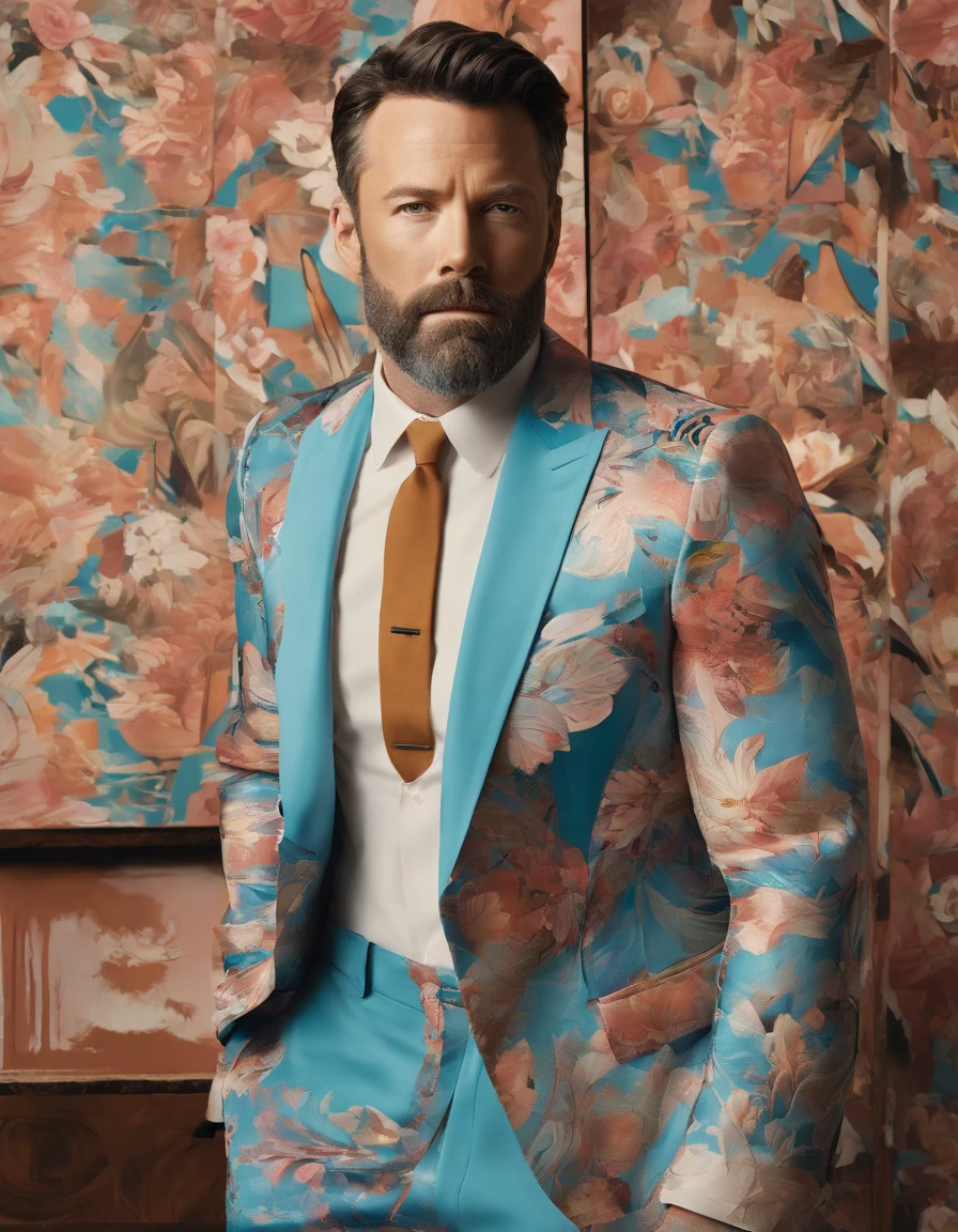 A Photograph capturing a surrealist vision: ben affleck in pattern kimono mix with western suit, amidst a swirling color palette, poses outside a tailor shop, posing with the dreamlike surroundings. --ar 16:9