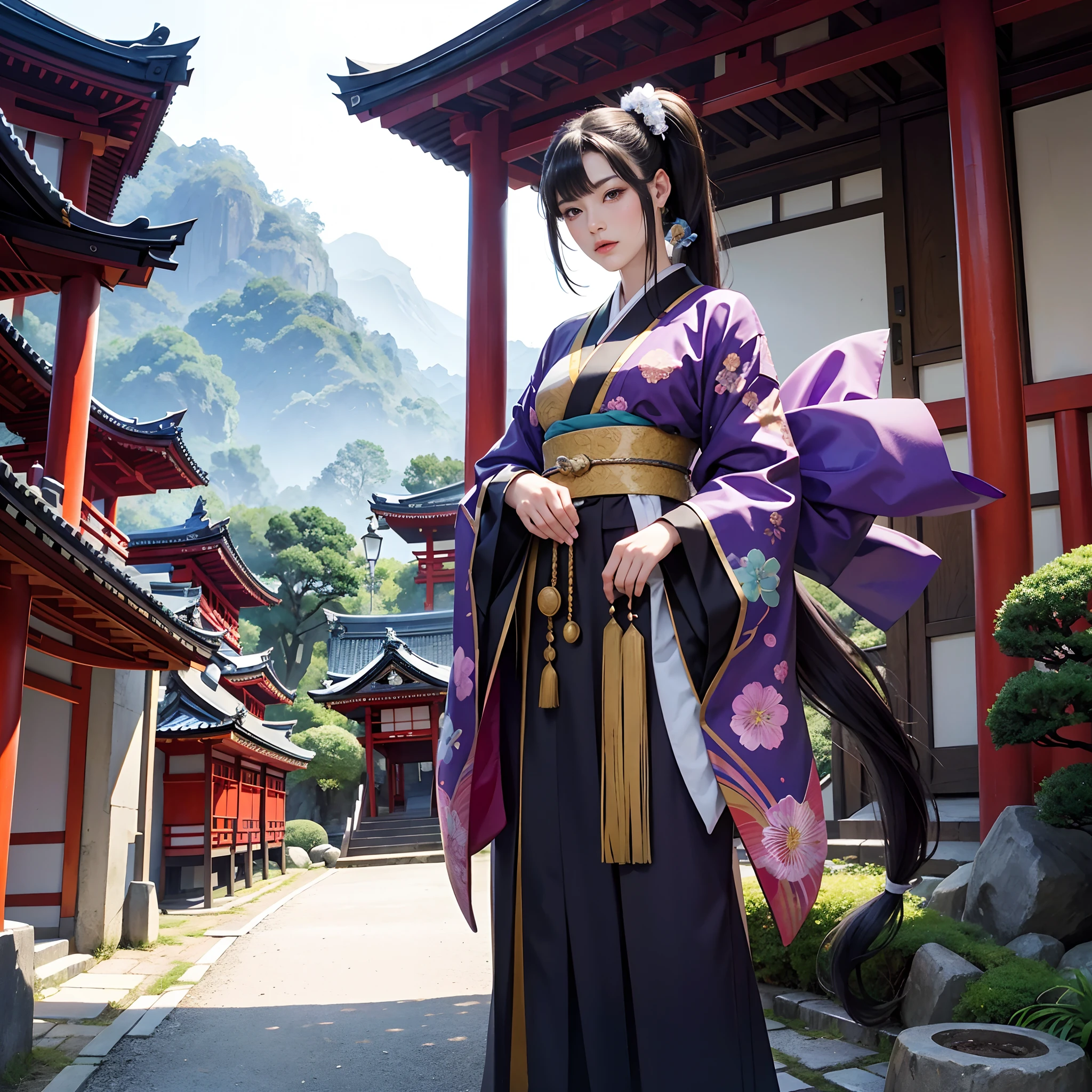 BRAEK,Background of details(Temples and shrines in Kyoto(with no people)),BREAK,elaborate costume{Luxury kimono(Colorful kimono(detailed embroidery,))}、1womanl(Japanese actressl:1.2)(face perfect(Shy):1.2),Depicting a beautiful and classy adult woman,glossy dark hair(poneyTail:1.5),Heart in the eye, Wallpapers 16K,Blur the background with a sickle,((masutepiece)), ((Best Quality)),{{a portrait photo of}},full body Esbian