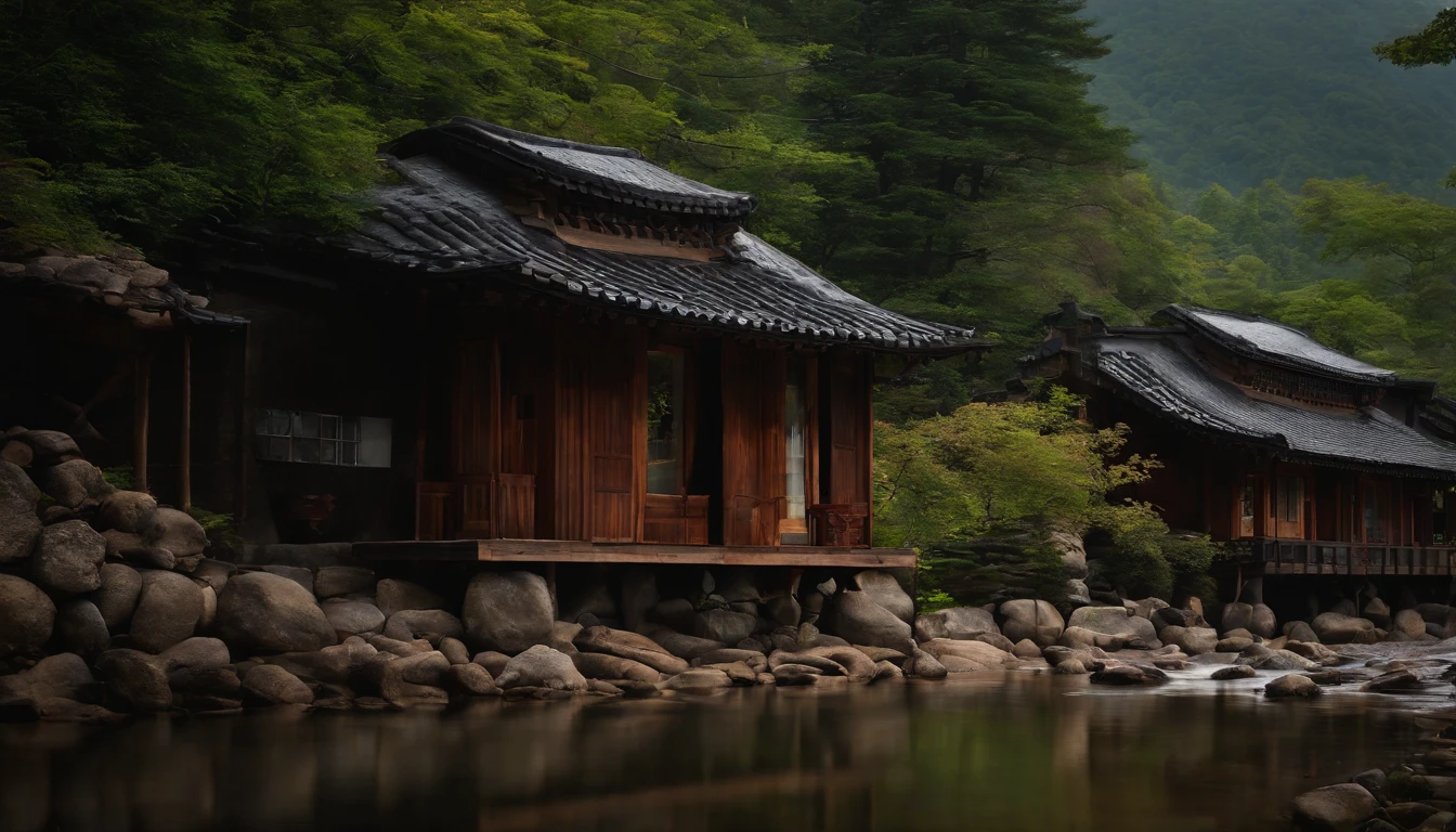 A small valley in the mountains of Korea, Traditional Korean Houses, deer, waterfall