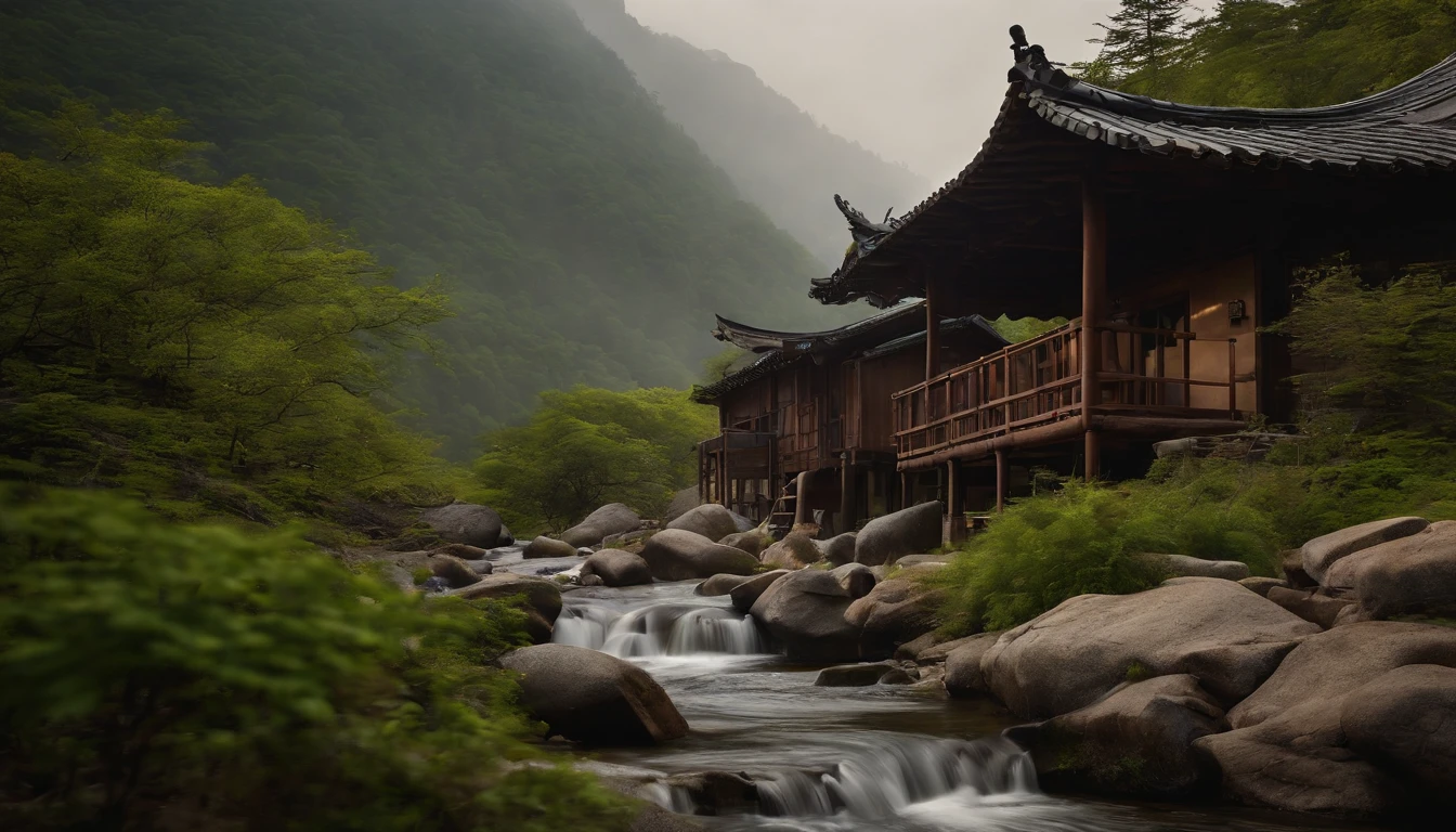 A small valley in the mountains of Korea, Traditional Korean Houses, deer, waterfall