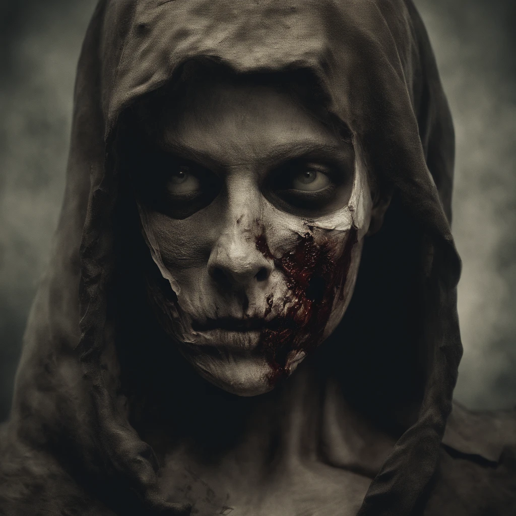 (best quality,4k,8k,highres,masterpiece:1.2), ultra-detailed, (realistic,photorealistic,photo-realistic:1.37), nurse with face covered in bandages and blood, holding a human skull in hand, medical professional, dark and dramatic lighting, intense gaze, gloomy atmosphere, detailed facial features, long eyelashes, blood stains on the bandages, serene but eerie expression, vintage sepia tone, horror genre