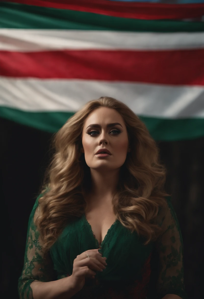 Adele singing with wavy hair with a Mexican flag