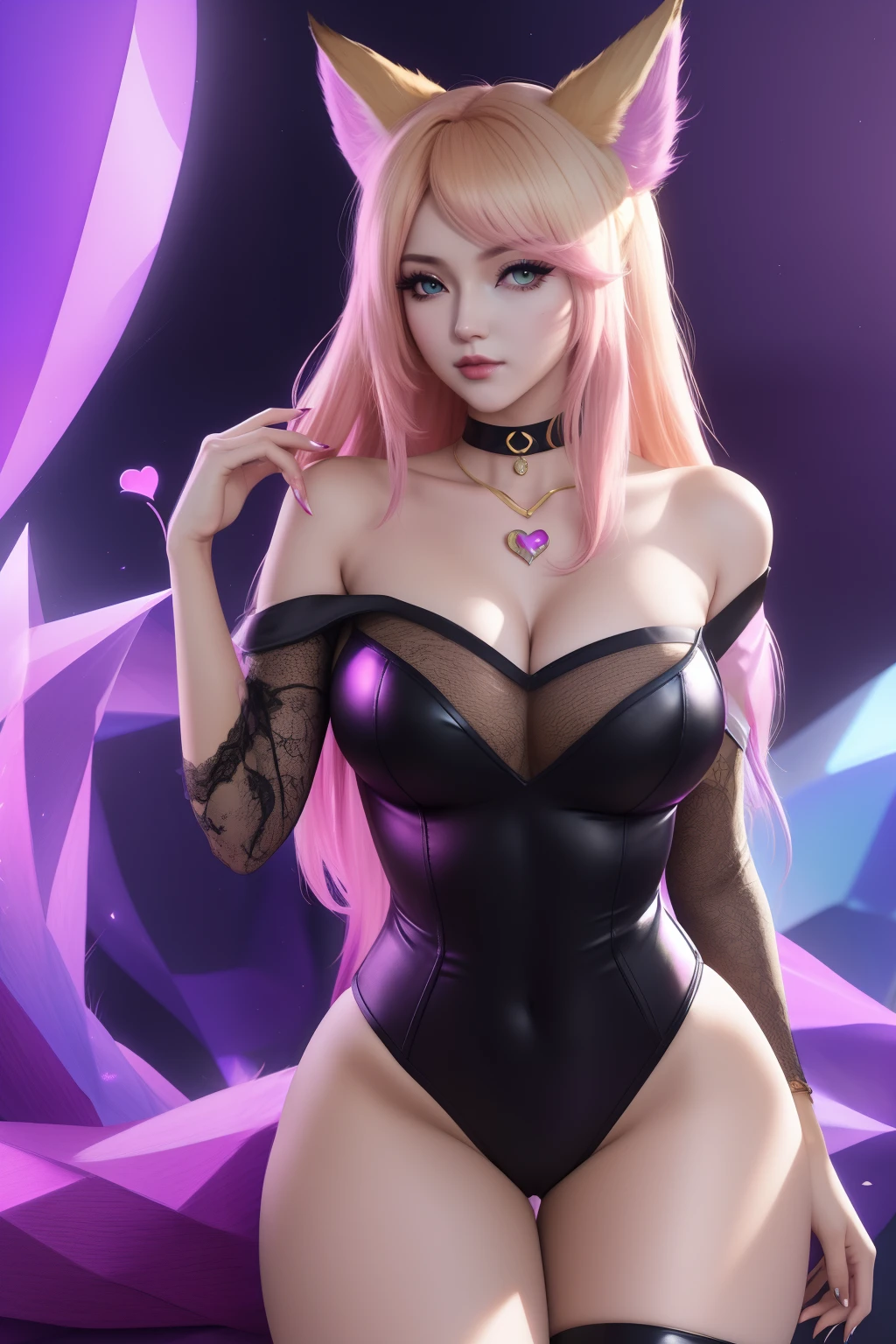 ahri, 1girl, absurdres, ahri_\(league_of_legends\), animal_ears, bangs, bare_shoulders, black_choker, black_leotard, blonde_hair, breasts, brown_eyes, choker, cleavage, collarbone, covered_navel, fox_ears, fox_girl, fox_tail, headset, heart, highres, k/da_\(league_of_legends\), k/da_ahri, league_of_legends, leotard, medium_breasts, multiple_tails, off-shoulder_shirt, off_shoulder, official_alternate_costume, pink_nails, shirt, sketch, solo, tail, white_shirt,