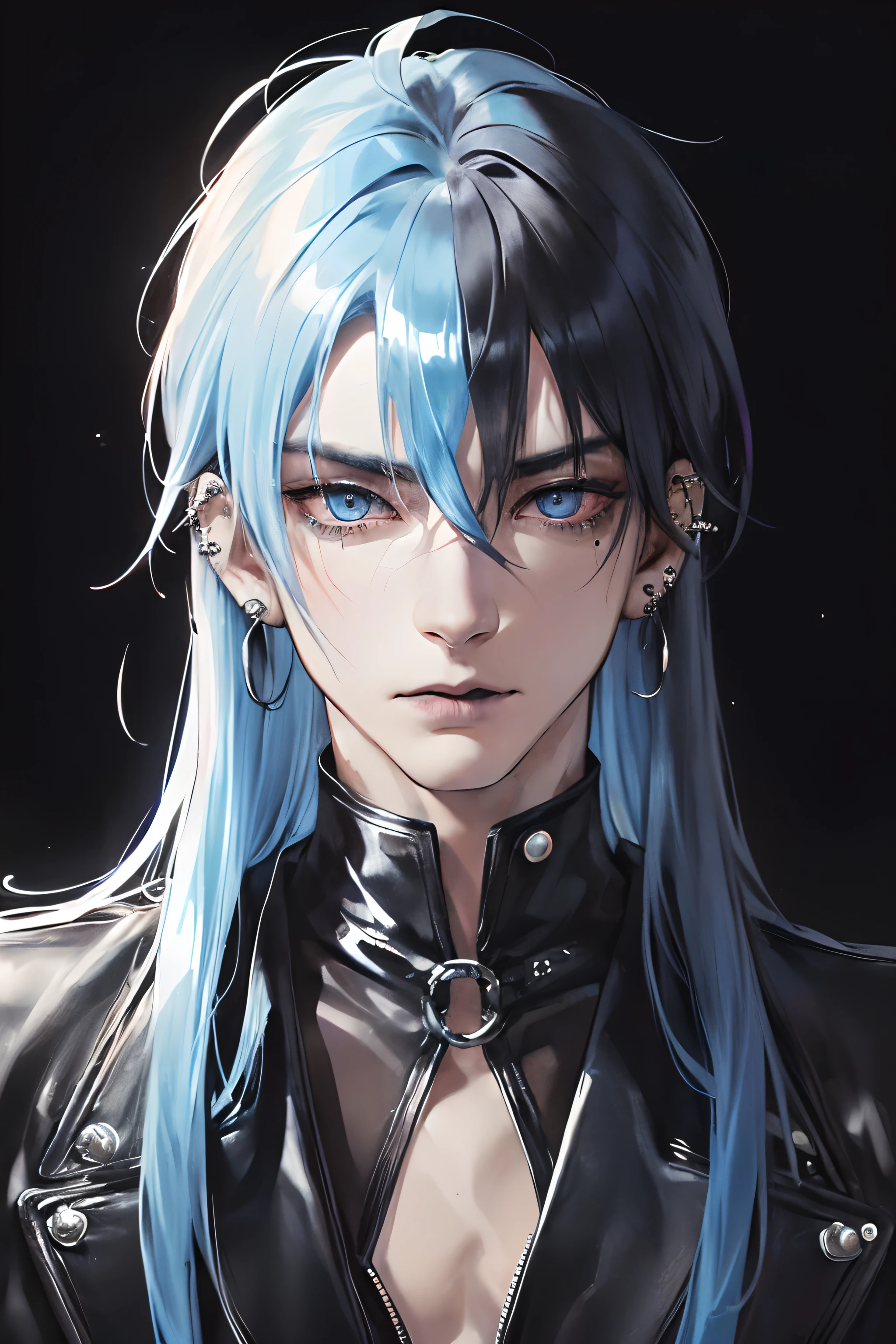 photography of a sexy man, a solo man, (((man))), (masculine face), 40 years old, demon, bad boy, (blue eyes), expressive look, blue hair, white bangs, black lips, (((piercings))), (ear piercings), (gotjic style), japanese style, ((((visual kei))), (((dark background))), shine hair, unshaven, black clothes, long sleve jacket, super detailed face, perfect body, perfect shapes, realistic image, award winning photography, 8k, (((perfect shiny eyes)))