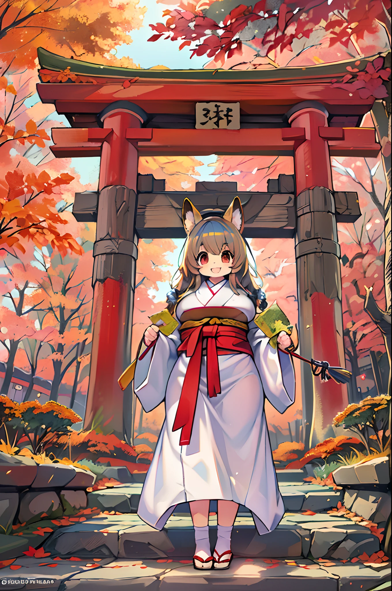 Fox Woman、body covered with fur、huge-breasted、kawaii、shrine maiden、Japan white clothes,Red Hakama、torii gate,((High Position))、A big smile、bbw、thick thight、big butts、Ultramammy,Chibi,Nanachi、Beautiful shrine scenery, autumn day,kaede、 Pines, Anime Background Art, japanese art style, beautiful anime scene, detailed scenery - width 672, Background art, Anime landscapes, Anime Background, Beautiful anime scenery, Beautiful peace scenes in anime, landscape artwork, Japan Village, Anime landscape concept art, 8K))、a lot of fallen leaves