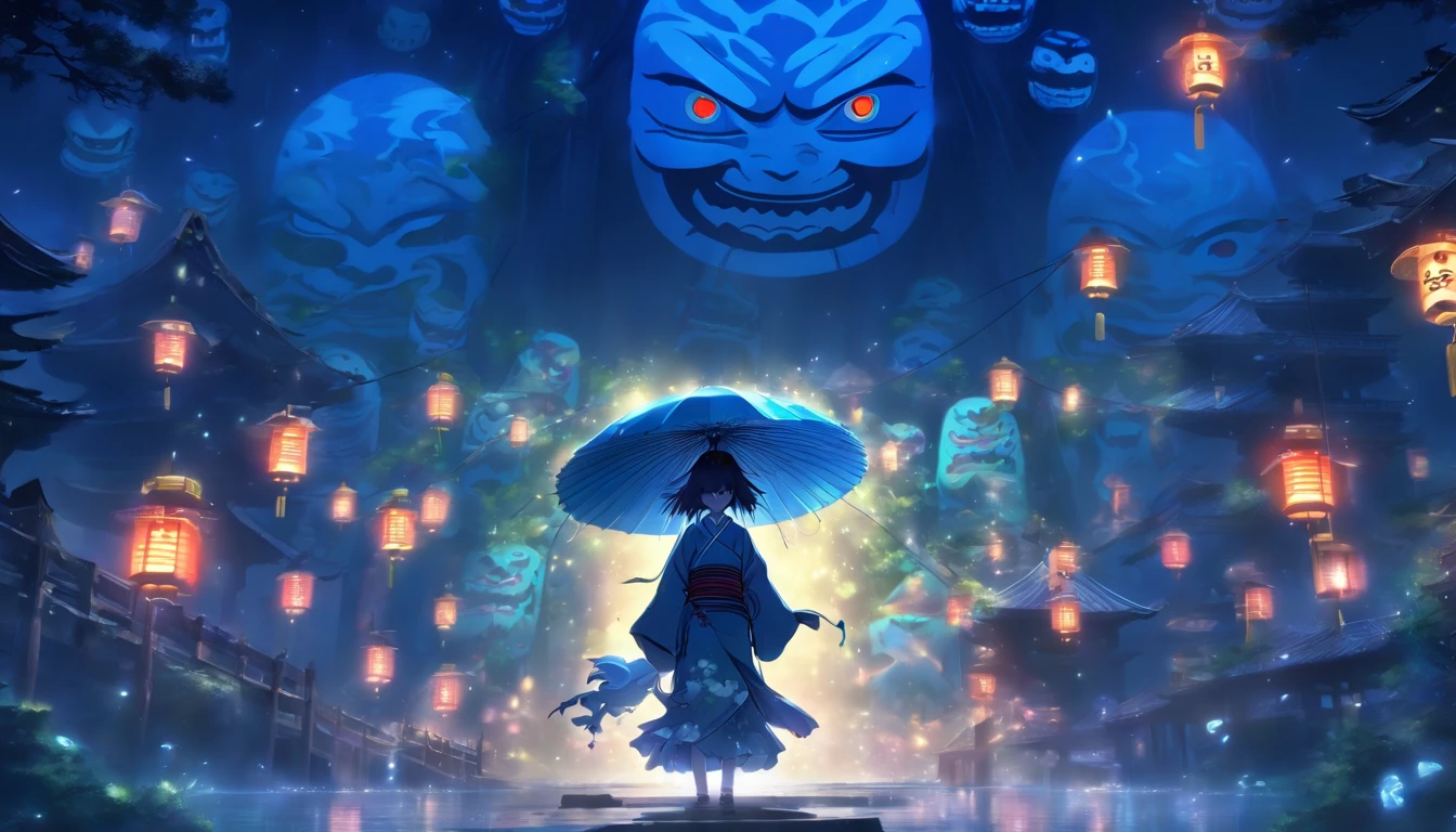 Japanese temple, horror, Japanese doll, scary doll mask, tsukumogami umbrella, lantern with the face of a monster, tsukumogami lantern, Japanese horror films, blue lantern, light, good composition, scary lighting, masterpiece, night, low contrast, dark colors, (doll face: 1.5), scenery, yokai, best lighting, no girl, forest, depth, good composition, no people