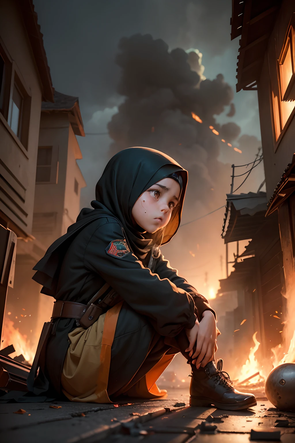 dynamic comic book style illustraition of,  one wounded    arab girl crying,   sitting on the ground and looking down,  wearing a black abaya and hijab , an angry american commandos is punishing her,  next to firing building,   she is looking to a firing street of small village . her toys and dolls around her The buildings are collapse. Houses are on fire, and the streets are filled with debris. In the distance, more  group of planes are DROPING BOMB. f-14 fighter, drones in sky,  dramatic cloudy sky ,fogy night, fire and smoke and fog, , fire light on face, golden hour, dramatin light, green bronze and orange color paint style