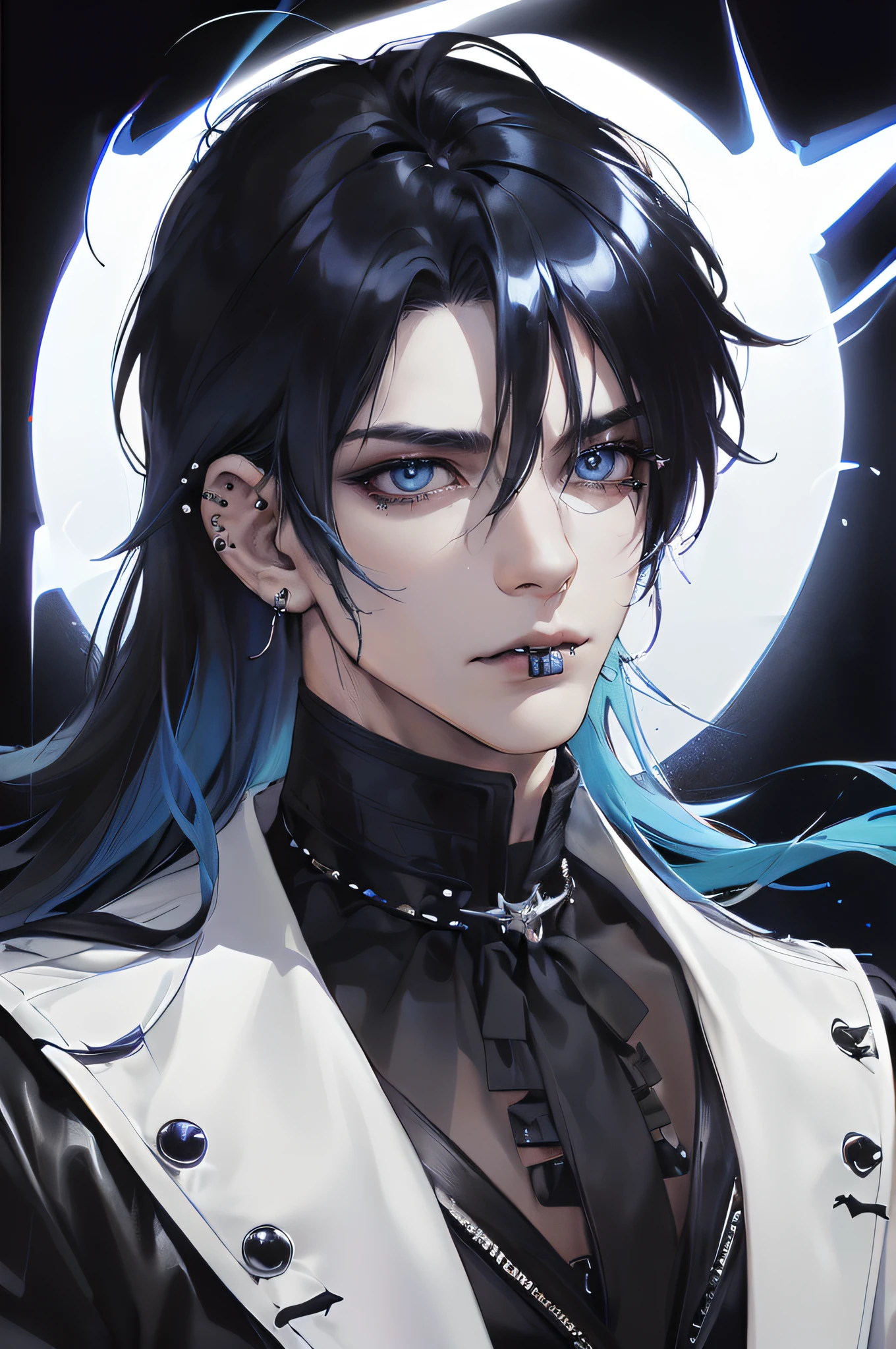 photography of a sexy man, a solo man, (((man))), (masculine face), 40 years old, demon, bad boy, (blue eyes), expressive look, blue hair, white bangs, black lips, (((piercings))), (ear piercings), (gotjic style), japanese style, ((((visual kei))), (((dark background))), shine hair, unshaven, black clothes, long sleve jacket, super detailed face, perfect body, perfect shapes, realistic image, award winning photography, 8k, (((perfect shiny eyes)))