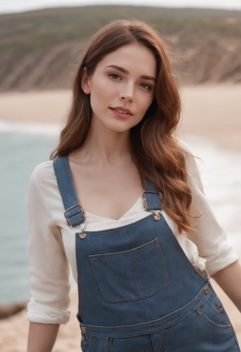 woman in denim overalls and standing on the beach with chestnut wavy hair, in the style of lighthearted, canon ef 35mm f/1.4l, mountainous vistas, mediterranean-inspired, lively facial expressions, high quality photo, winning, fun and happy feeling, ultra detailed, high definition, hyperrealism