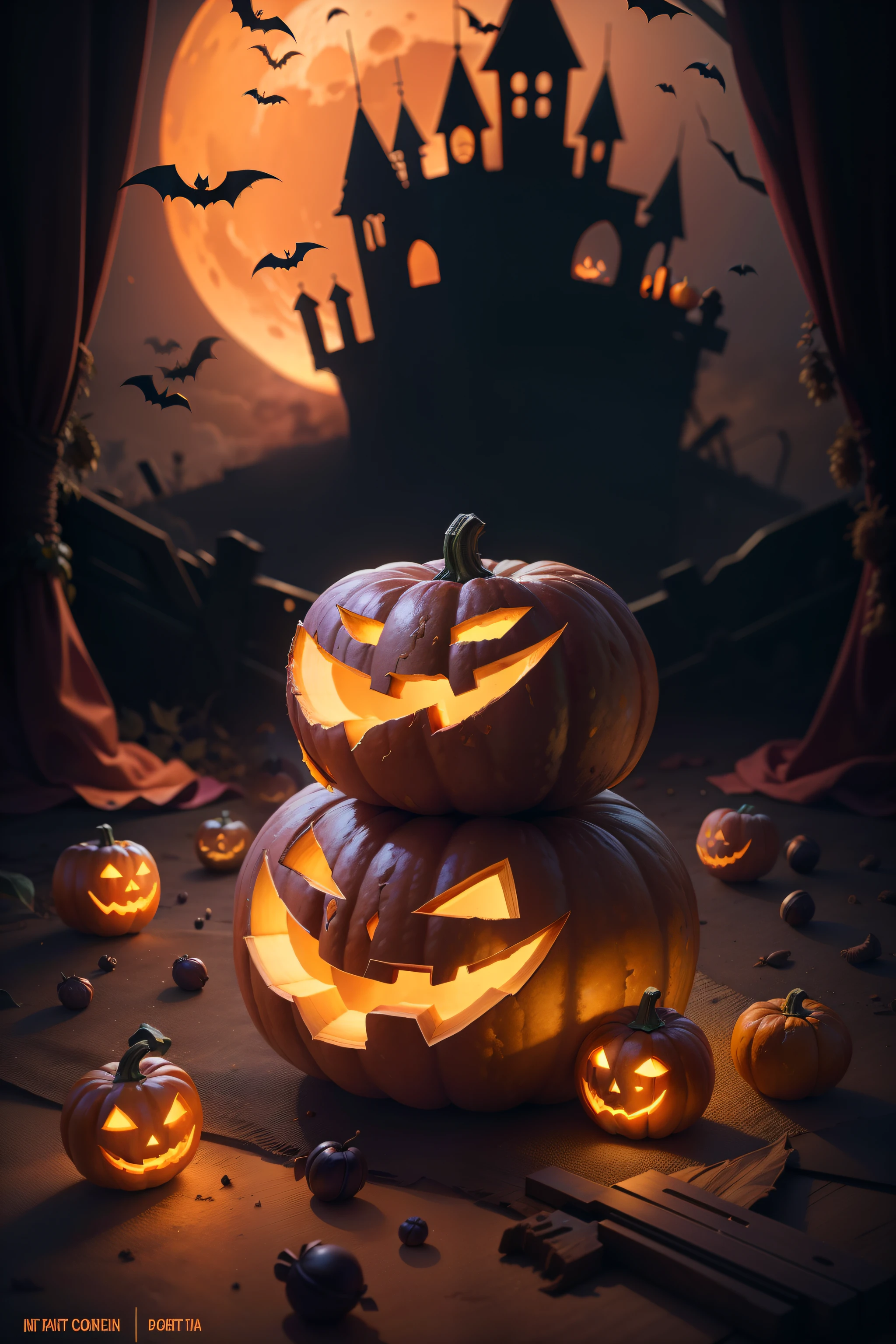 I want a frame, square and with black leaf patterns, a skull on the left, a wizard house on the right, and Halloween pumpkins in the background, but the frame should be in the middle and not cover the entire picture, medium size