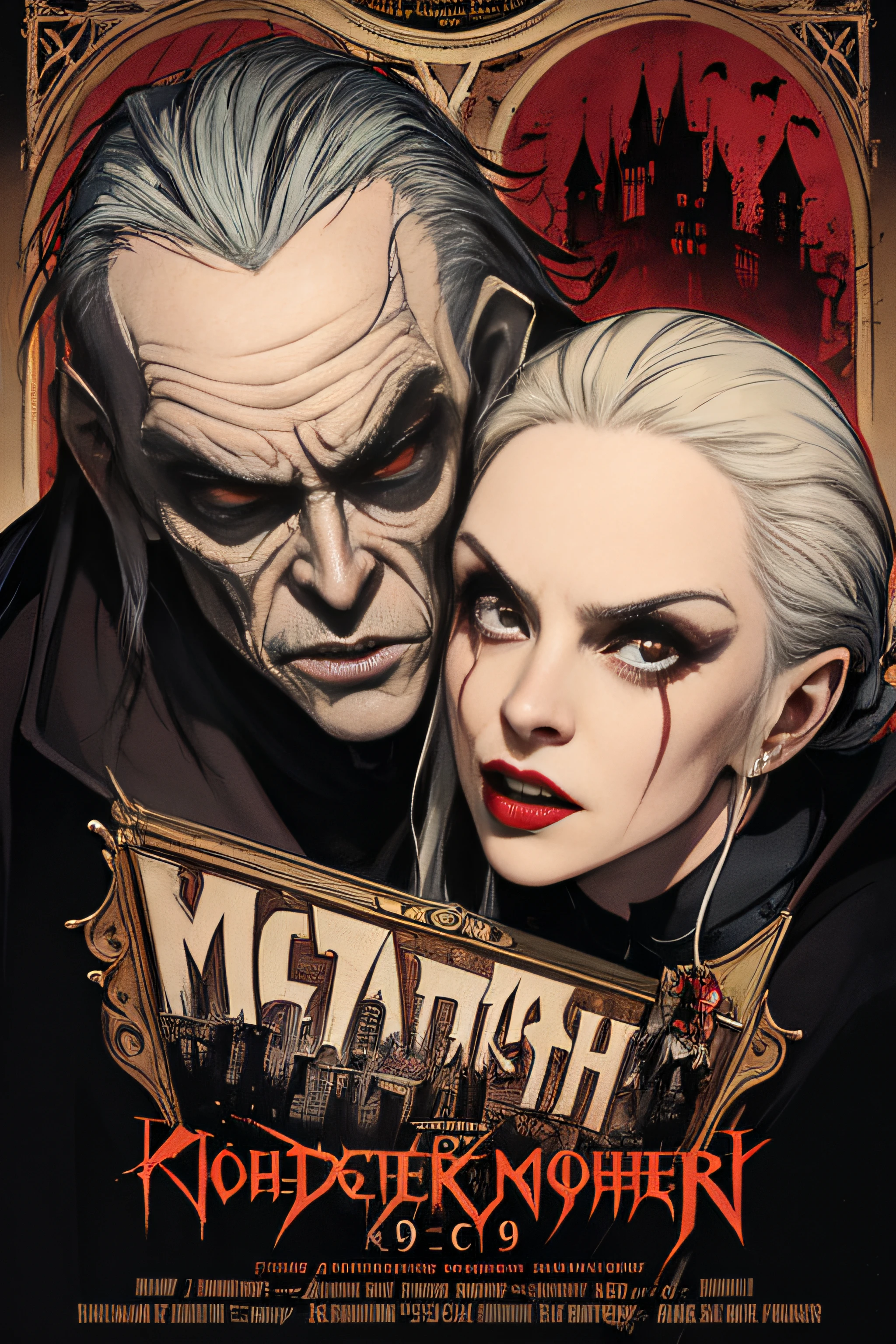 (Masterpiece, Best Quality), 8k Wallpaper, highly detailed, poster, Nosferatu, Count Orlak, vintage horror, 1940s, gothic horror thriller cinematic movie poster, Bauhaus, shapes, lines, abstract, propaganda, gothic, movie poster, vintage, blood, vampire, horror, double exposure, bottom angle.