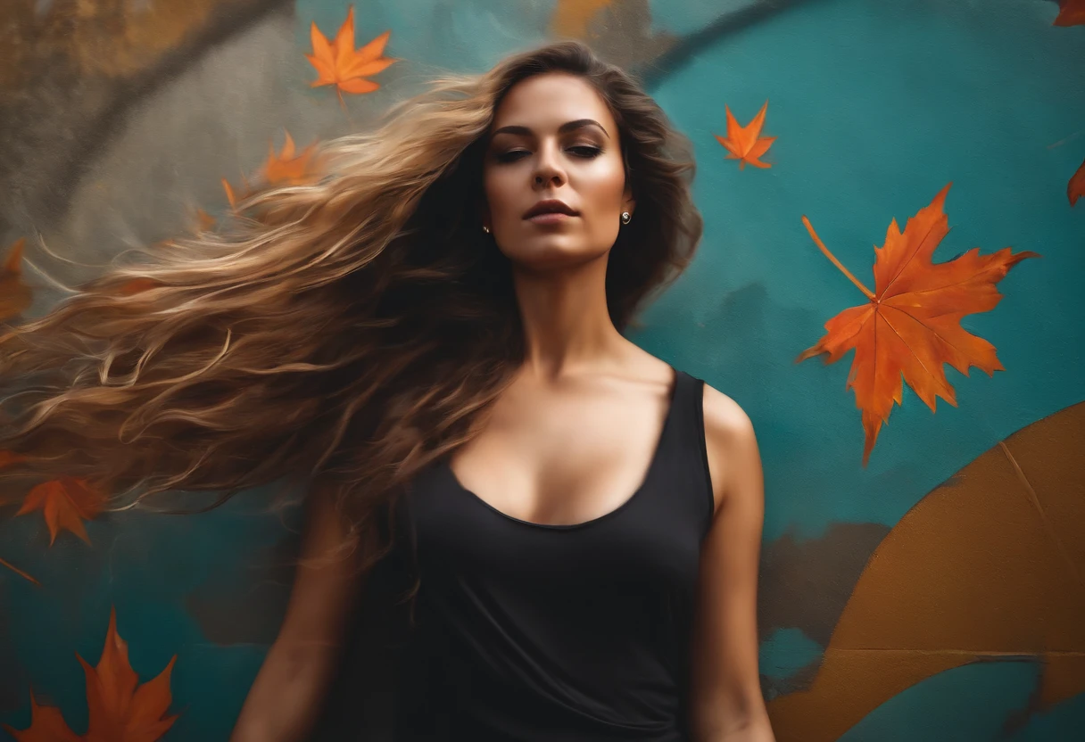 graffiti of a woman with long hair blowing in the wind and maple leaves on a urban wall, street art 8 k, stunning artwork, by Tony Sart, by NEVERCREW, by Galen Dara, street art, beautiful digital artwork, by Camilo Egas, painted on a giant wall, amazing artwork, by Matteo Pérez, streetart, street art:4 masterpiece, street art : 4 masterpiece, graffiti urban wall style, mexico city landscape, sunlight, (high quality:1.2), dynamic expression, soft color, volumetric light, (masterpiece), (intricate details), (hyperdetailed), highly detailed, lot of details, high quality, cinematic lighting, detailed texture, dynamic creative wall painting, full shot, wide view