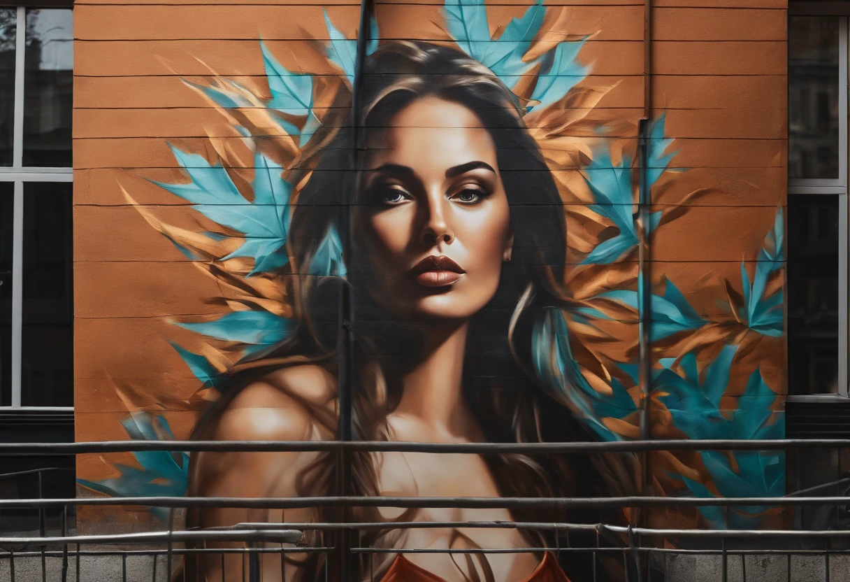 graffiti of a woman with long hair blowing in the wind and maple leaves on a urban wall, street art 8 k, stunning artwork, by Tony Sart, by NEVERCREW, by Galen Dara, street art, beautiful digital artwork, by Camilo Egas, painted on a giant wall, amazing artwork, by Matteo Pérez, streetart, street art:4 masterpiece, street art : 4 masterpiece, graffiti urban wall style, mexico city landscape, sunlight, (high quality:1.2), dynamic expression, soft color, volumetric light, (masterpiece), (intricate details), (hyperdetailed), highly detailed, lot of details, high quality, cinematic lighting, detailed texture, dynamic creative wall painting, full shot, wide view