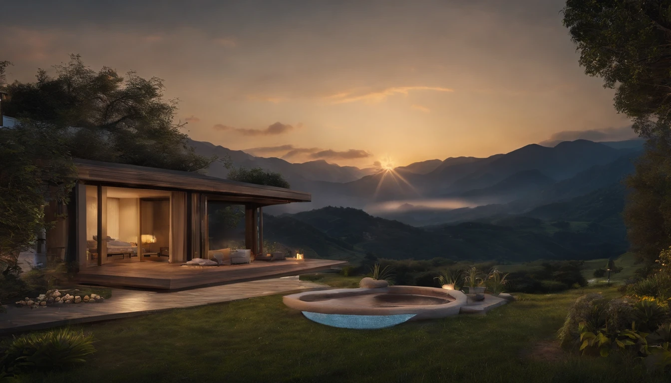 The view from the window from the room There is a small waterfall on the mountain in front of the house , And you can see the misty mountains in the distance, beautiful sunset, relaxing concept art, High-end hot springs, anime landscape concept art, 8K resolution digital painting, animation background art