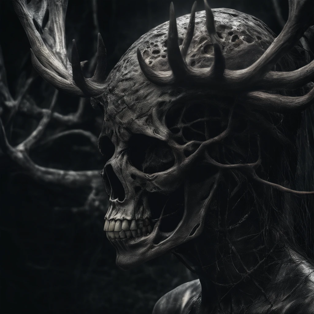 (best quality,highres,ultra-detailed),naked woman,deer skull,deer skull as a head, satanic deer skull,horror,cinematic lighting,sharp focus,photorealistic,vivid colors,bokeh, perfect breast, sexy, cowboy camera angle, cinematic lighting, dark color scheme, topless, , lewd, black hair,