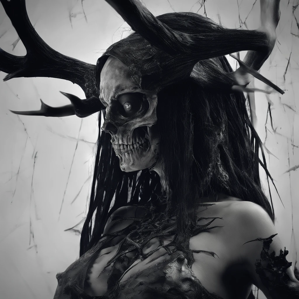 (best quality,highres,ultra-detailed),naked woman,deer skull,deer skull as a head, satanic deer skull,horror,cinematic lighting,sharp focus,photorealistic,vivid colors,bokeh, perfect breast, sexy, cowboy camera angle, cinematic lighting, dark color scheme, topless, , lewd, black hair,