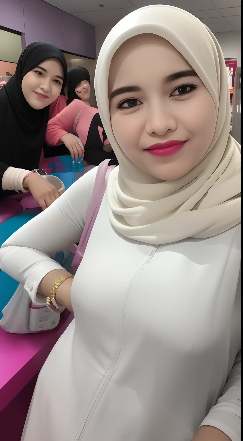 Malay girl in hijab, wear small floral pastel white color shirt and High Waist Plicated white Suit Pants , laughing and posing with both hand on top of her head, touching her own white head, wear backpack, front view, hijab blown, windy, detail skin, age spot, detail skin texture, mole below eyes, small breast, flat chest, wide hips, small waists, thick thighs, slim abs, beautiful body, nighttime, laughing, happy, bright lighting, college student in background, crowded cafe, blur background, bokeh,