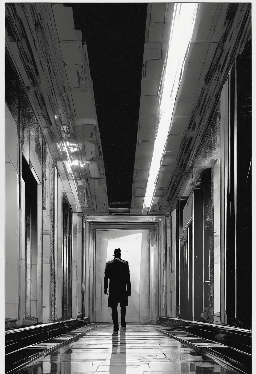 in a dimly lit corridor, the metallic doors of the elevator slide open, revealing the interior bathed in soft, fluorescent light. The scene unfolds as a figure emerges from the shadows in the distance, a man with a noticeable limp. He's steadily making his way towards the elevator, his silhouette framed against the faint glow of the corridor lights. The atmosphere is tinged with a sense of mystery and anticipation, leaving you curious about what awaits as the man approaches the open doors.