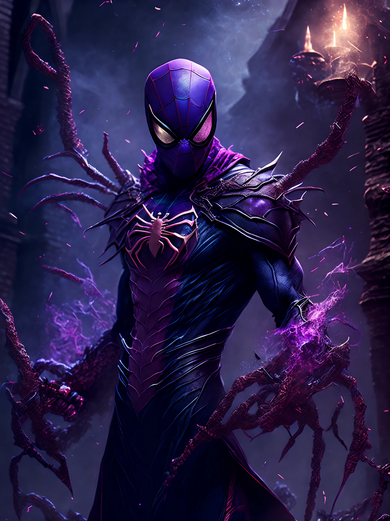 Close-up ( Spiderman venom wearing a witch costume from Marvel in Goth style: 1.3) emerging from the witches castle, extremely detailed, smoke, sparks, metal shavings, flying debris, volumetric light