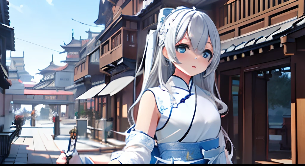 ((Best quality)), ((Masterpiece)), ((Ultra-detailed)), (illustration), (Detailed light), (An extremely delicate and beautiful),A charming young girl,long  white hair,Blue sky,(Chinese Garden),((Sword dance))