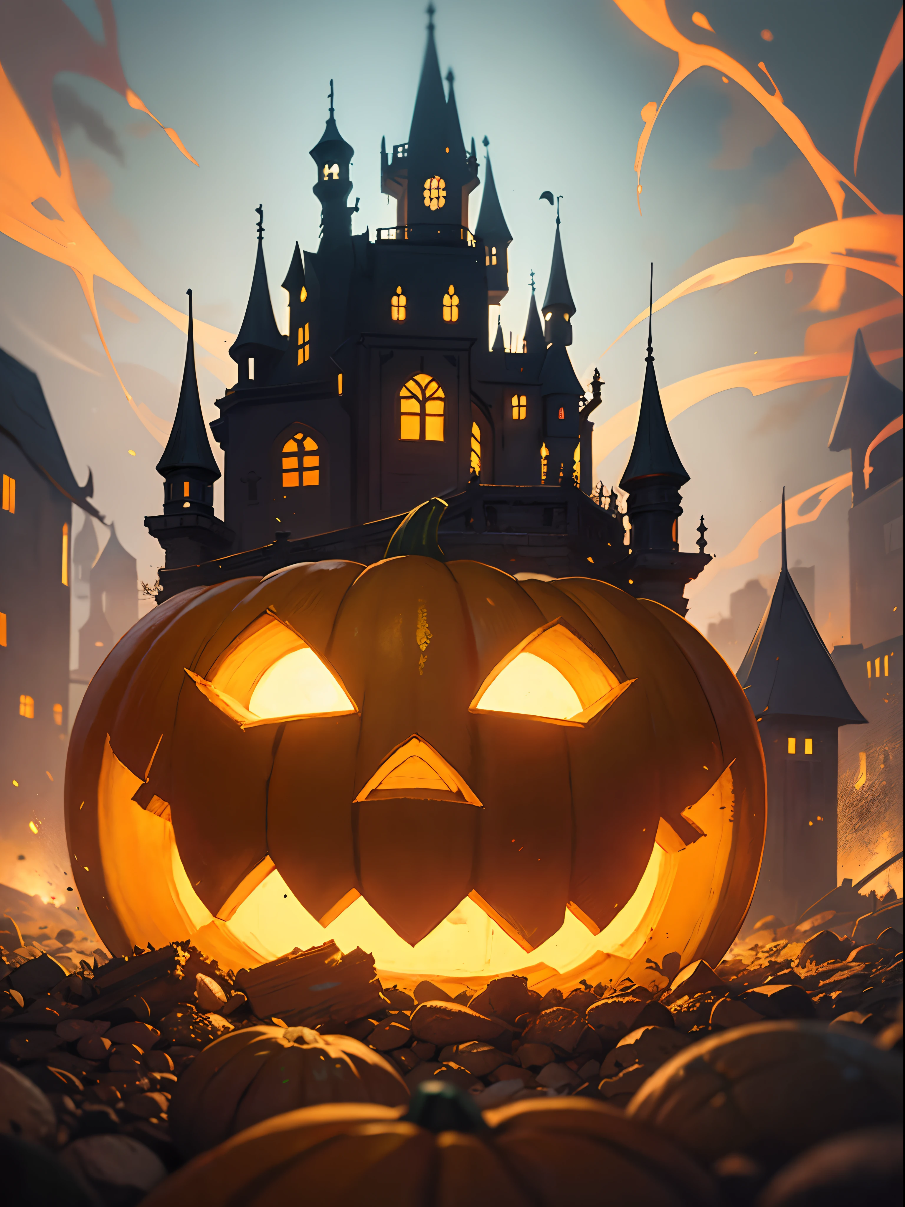 a pumkin which have eyes and mouth, halloween theme, dynamic atmosphere , dramatic scene, halloween photo, illustration style, oil paint style, daviant art, bigh glowing old castle in far background,