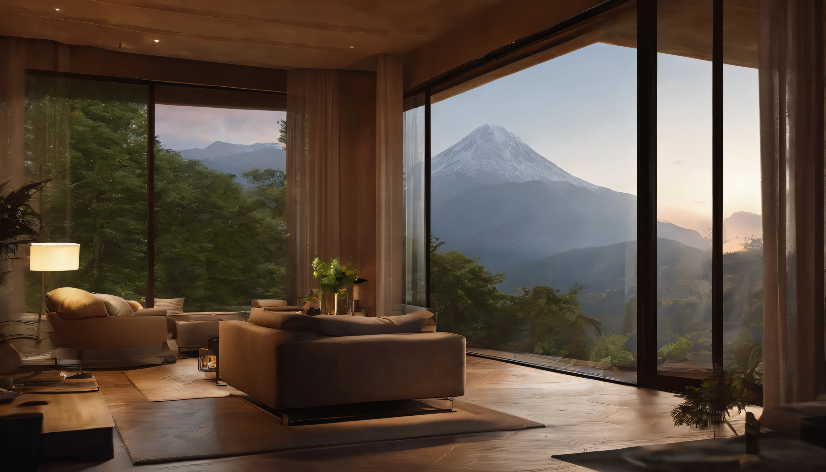 The view from the window from the room There is a small waterfall on the mountain in front of the house , And you can see the misty mountains in the distance, beautiful sunset, relaxing concept art, High-end hot springs, anime landscape concept art, 8K resolution digital painting, animation background art