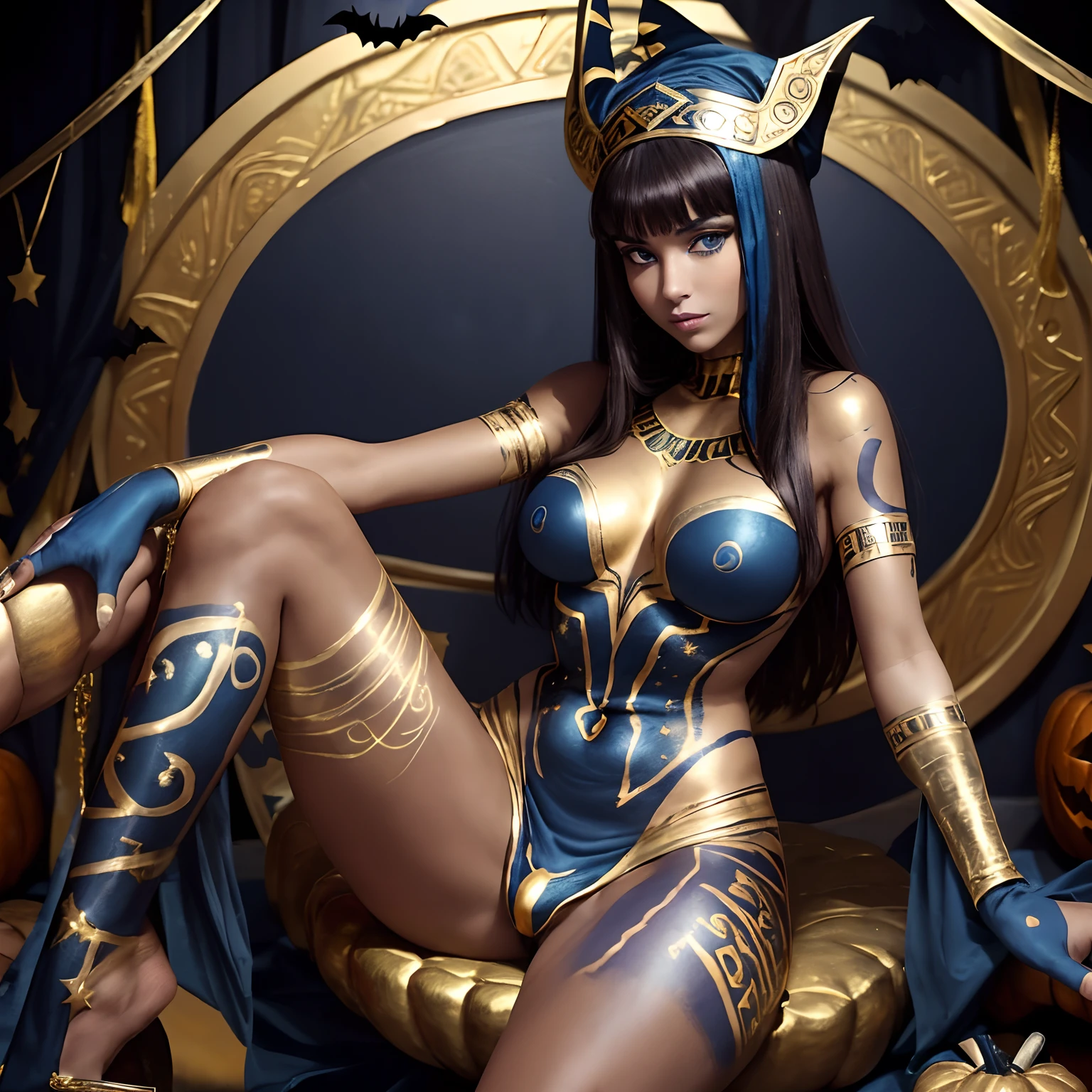 a stunning 19 year old American ((brunette)) girl at a ((Halloween party)) sitting on a barstool, sexy cleopatra, (((dark blue and gold body paint all over body costume))), shy, embarassed, (((hands between legs))), (((hands covering body)))