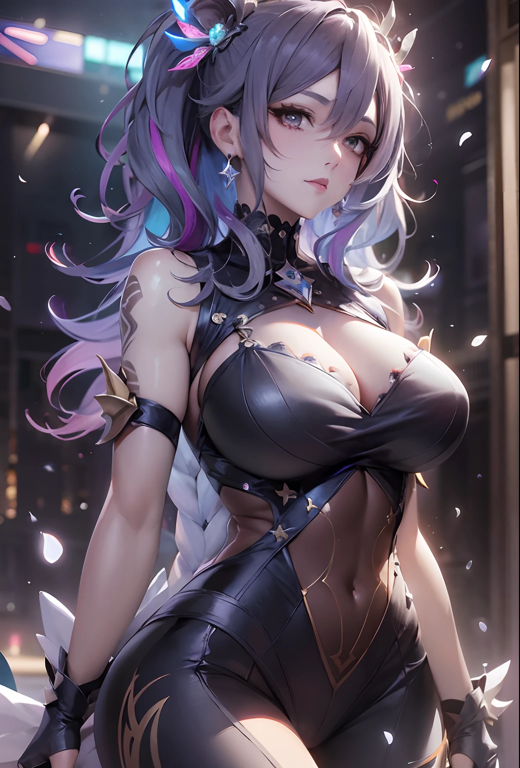 chica anime con cabello azul y cabello morado en un atuendo negro, Artgerm extremadamente detallado, Arte detallado de alta calidad 8K, seductora chica de anime, Tendencias en ArtStation Pixiv, Impacto de Ayaka Genshin, Arte detallado del anime digital, portrait knights of zodiac girl, ! dream artgerm, Hermosa y seductora mujer de anime, Badass Anime 8K