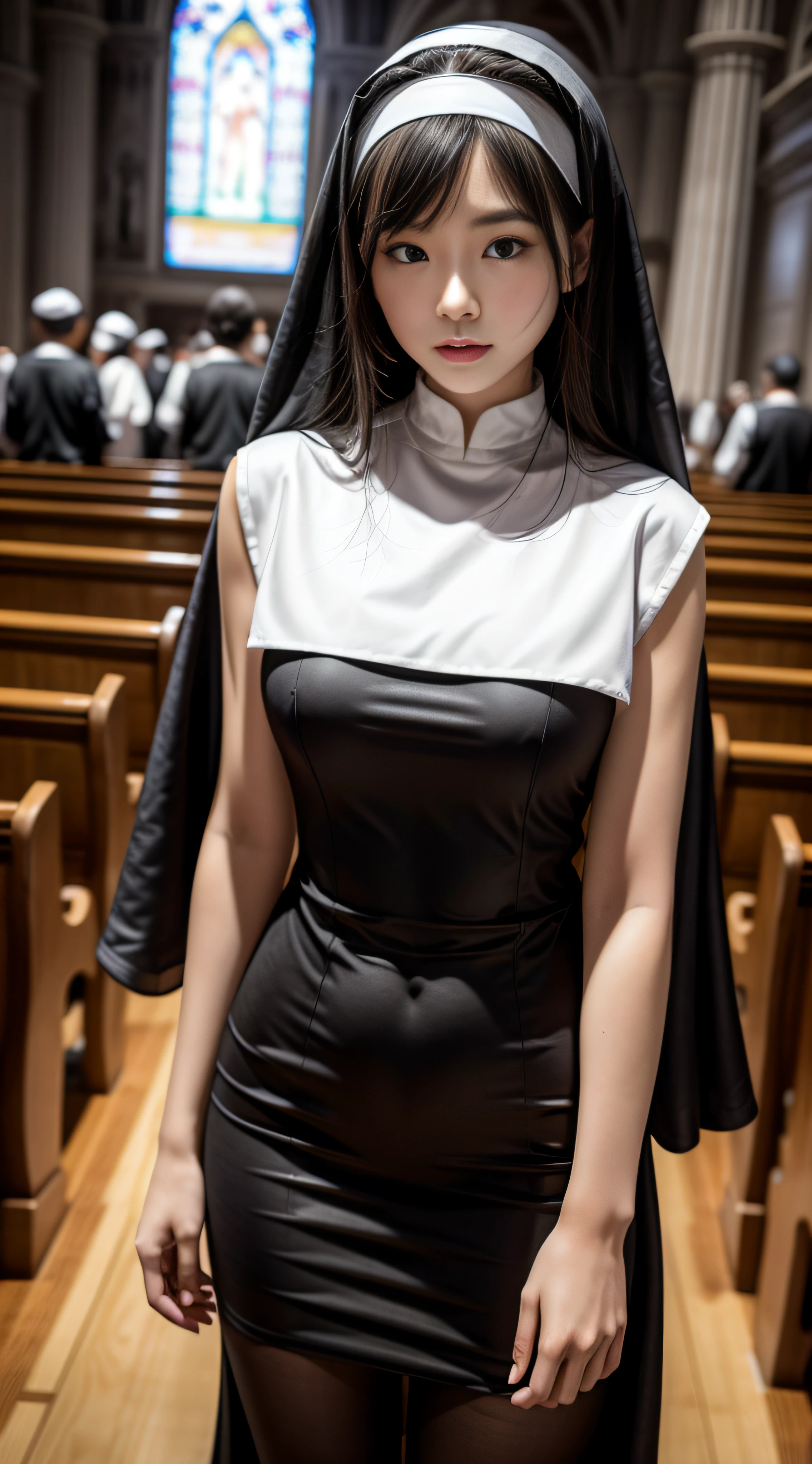 (((Nuns wearing nun dresses and nun hats in church))),((Clothing that exposes))Clothes and skin are soaked all over,(wetclothes:1.9),Glowing skin,Sweaty skin,Works of masters,Best image quality,Higher quality,high detal,超高分辨率,8K分辨率,perfect hand,full body shot shot,Exquisite facial features,s the perfect face,(真实感:1.4),