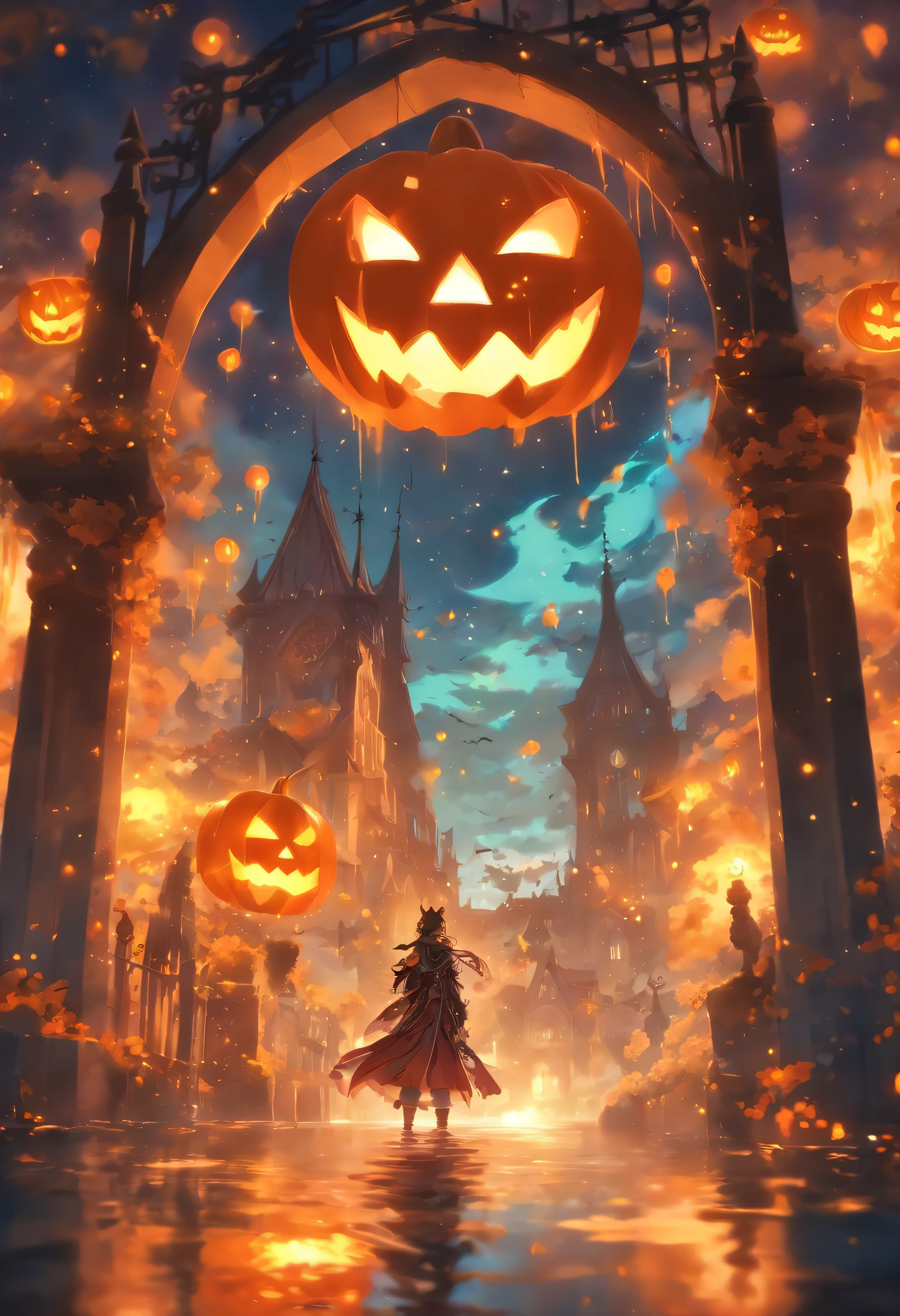 Halloween Floating Lights, Cinematic light and reflection, glowing lights, Intermediate metaverse elements,Digital Painting, Glowing reflections, pondering, Halloween Jack-o'-lantern, calm night, Digital Illustration, Beautiful atmosphere, Skylight at night, Calm evening atmosphere, Jack-o'-lantern, Halloween, the night, themoon, The game scene, Halloween, Surrounded by clouds, Buildings in medieval Europe, glazed tiles, ue, gorgeous colors, There are three arches in the foreground((color ink)), ( (Splash ink ) ), ((Splash ink) inky})), tmasterpiece, high quarity, Beautiful graphics, high detal,Magnificent