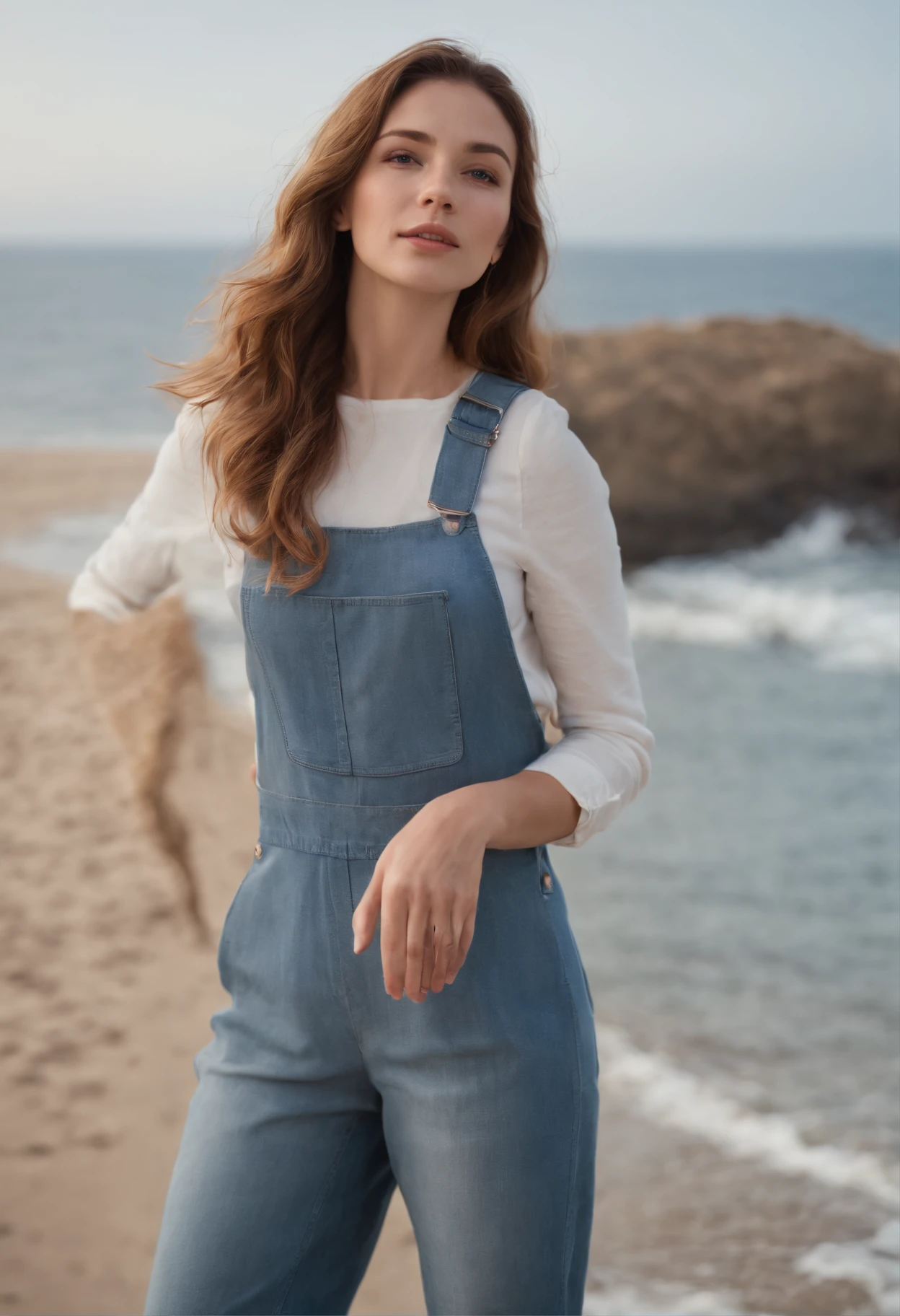 woman in denim overalls and standing on the beach with chestnut wavy hair, in the style of lighthearted, canon ef 35mm f/1.4l, mountainous vistas, mediterranean-inspired, lively facial expressions, high quality photo, winning, fun and happy feeling, ultra detailed, high definition, hyperrealism