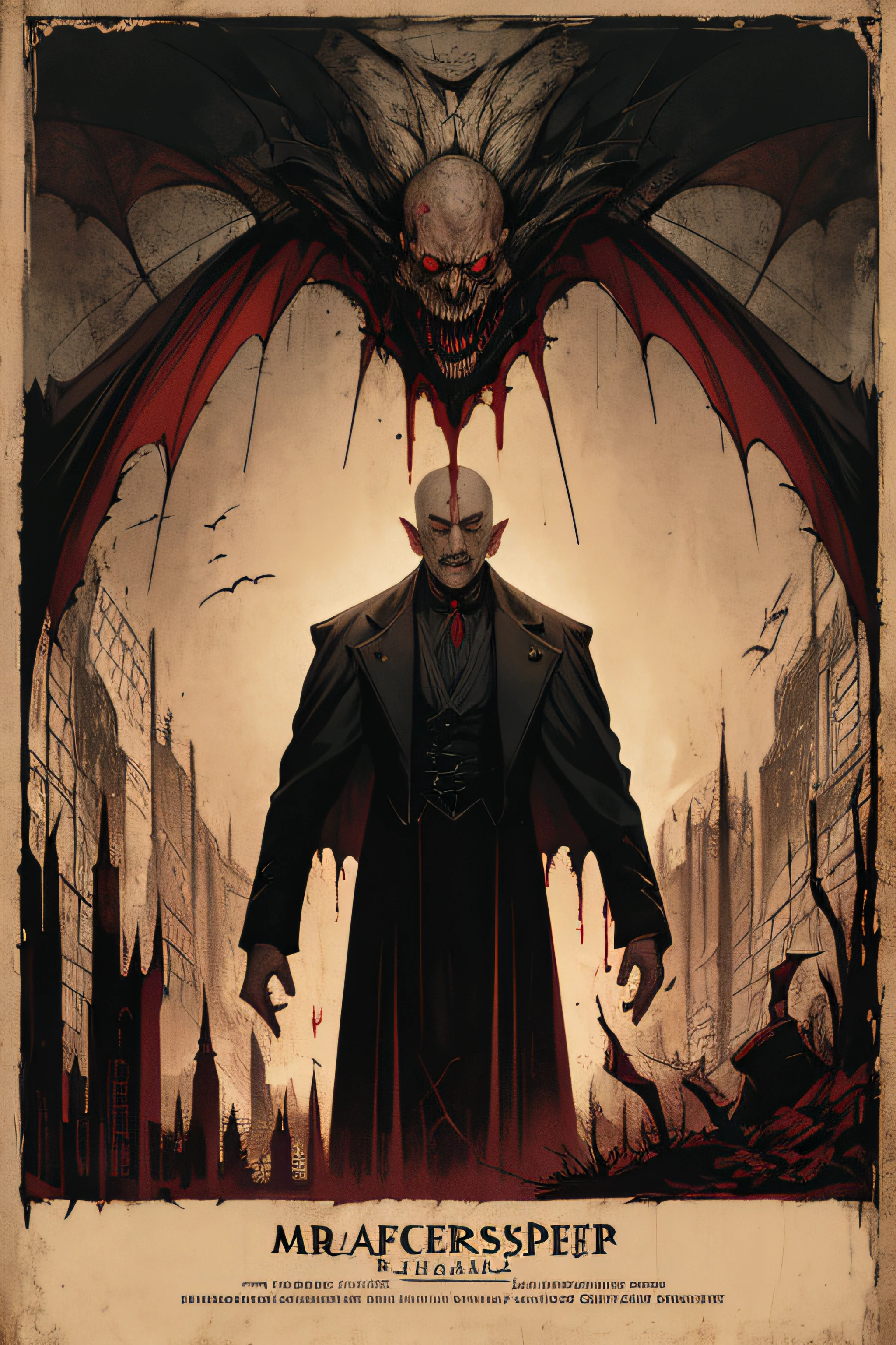 (Masterpiece, Best Quality), 8k Wallpaper, highly detailed, poster, Nosferatu, Count Orlak, vintage horror, 1940s, gothic horror thriller cinematic movie poster, Bauhaus, shapes, lines, abstract, propaganda, gothic, movie poster, vintage, blood, vampire, horror, double exposure, low angle shot.