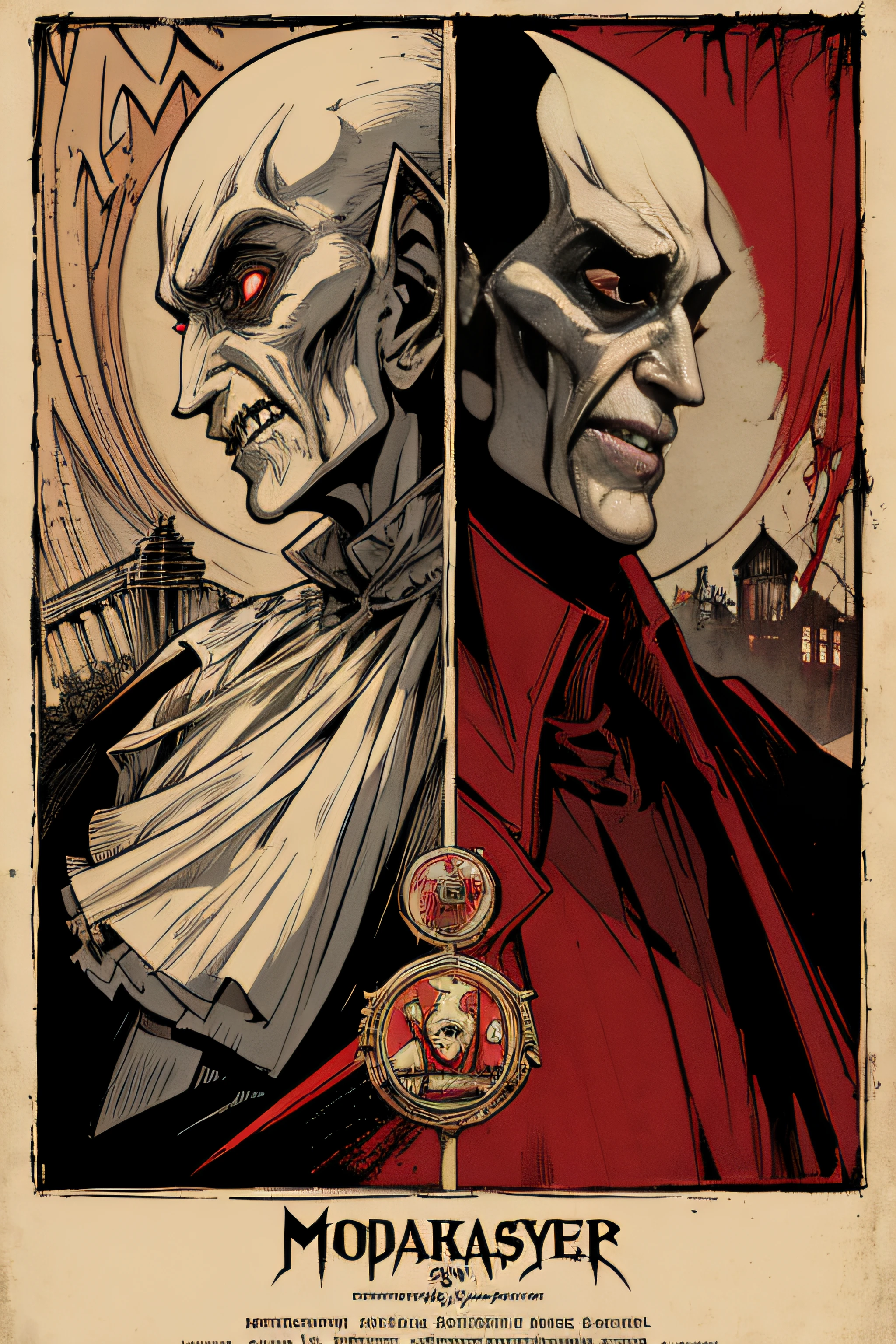 (Masterpiece, Best Quality), 8k Wallpaper, highly detailed, poster, Nosferatu, Count Orlak, vintage horror, 1940s, gothic horror thriller cinematic movie poster, Bauhaus, shapes, lines, abstract, propaganda, gothic, movie poster, vintage, blood, vampire, horror, double exposure, low angle shot.