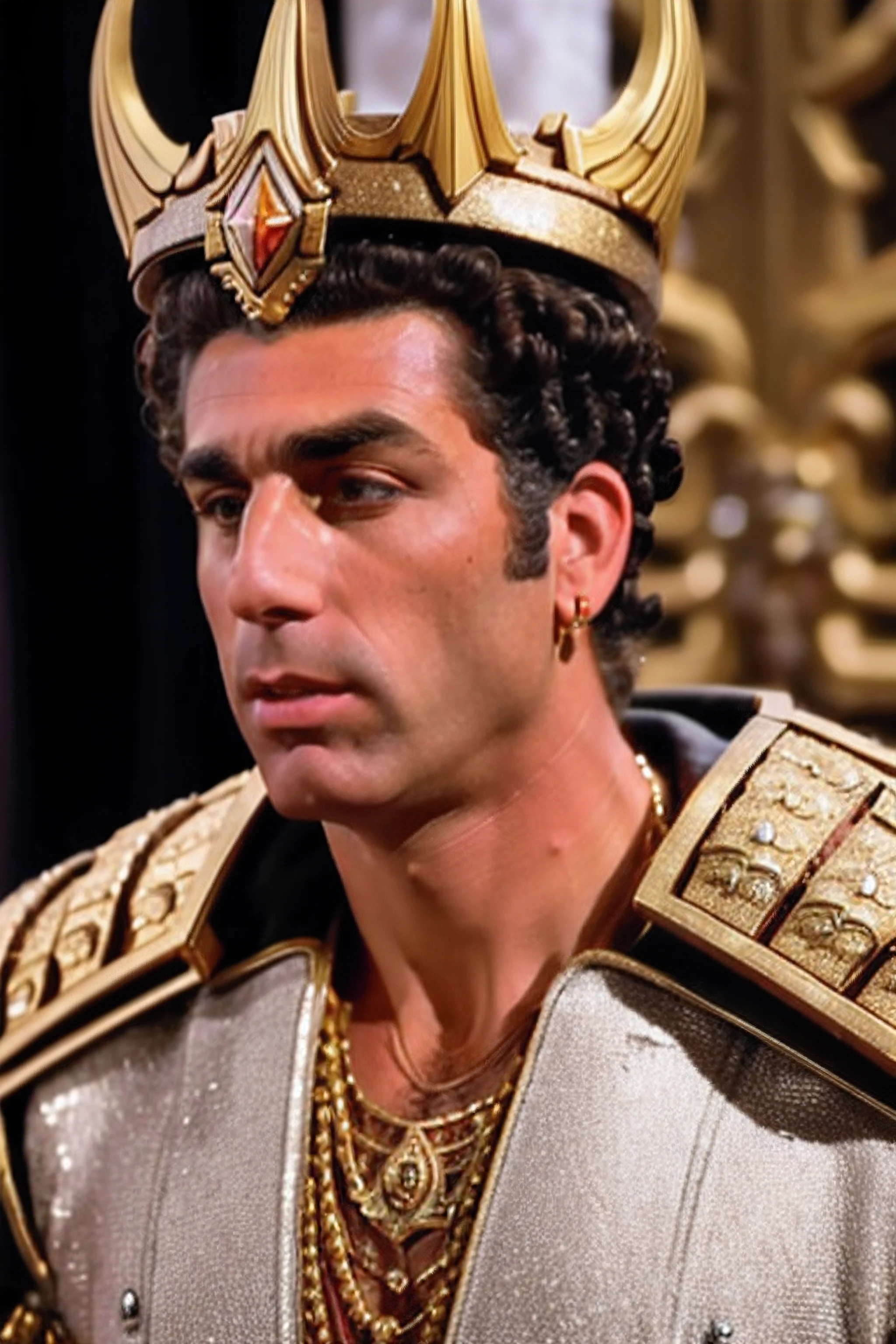 kramer as god emperor, (warhammer 40k), ornate armor, helmet, detailed face, intricate, (high detailed skin:1.2), 8k uhd, dslr, sharp, high saturation