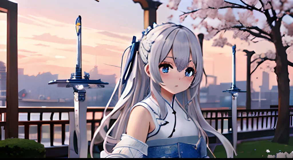 ((Best quality)), ((Masterpiece)), ((Ultra-detailed)), (illustration), (Detailed light), (An extremely delicate and beautiful),A charming young girl,long white hair,Blue sky,(Chinese Garden),((Sword dance))