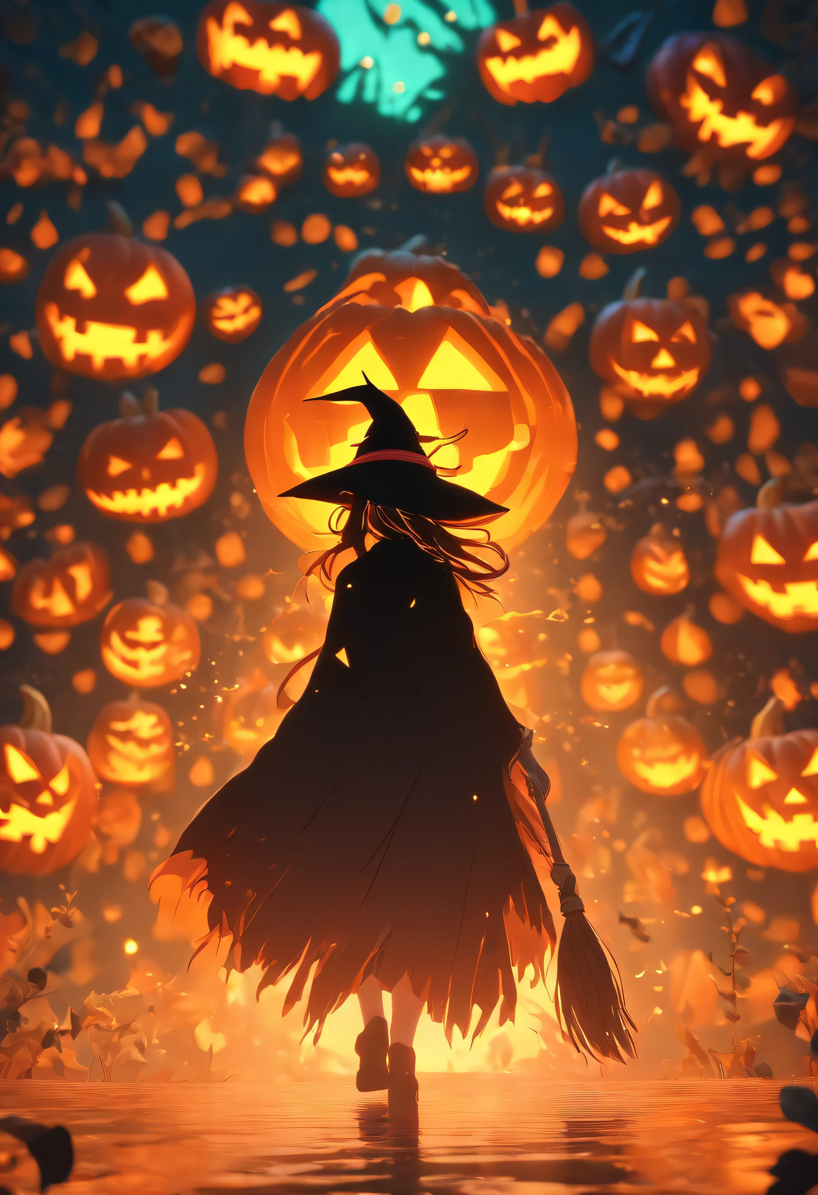 (A witch walks towards a giant jack-o'-lantern:1.5),(Halloween element:1.1),miniature world,(clean background),masterpiece,best quality,more details,(super creative),C4D,Abstract picture,surrealism,Pixar style,3D effect,Disney style,clear outline light,rim light,fantasy,spotlight,8k,