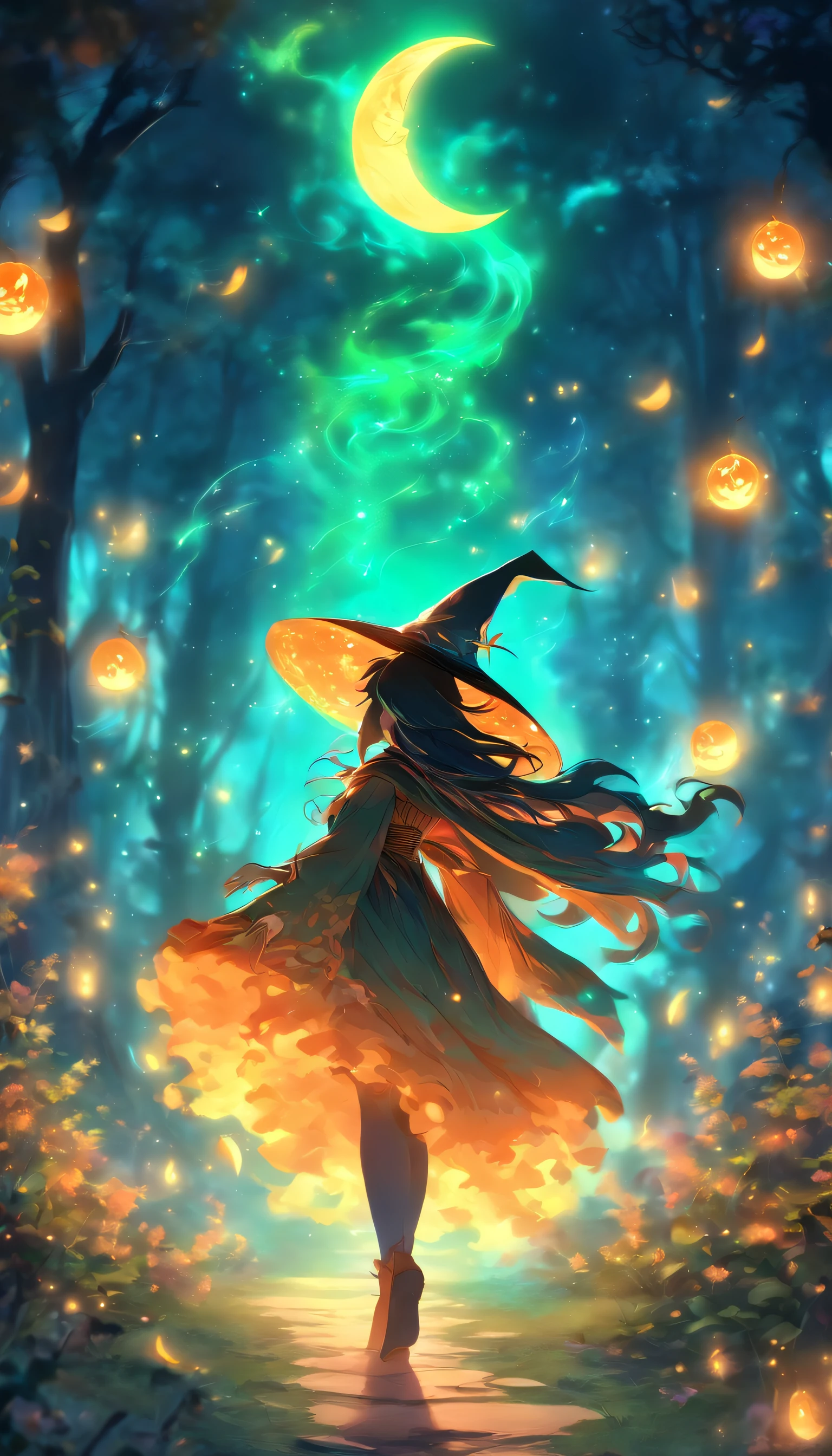 (Best Quality,4K,hight resolution),(Realistic:1.37),Witch casting orange glowing spell,Moonlight,magical fantasy forest,sparkling stars,Tree of Shadows,enchanting atmosphere,Sparkling fireflies,Mystical Orb,The witch's cloak fluttering in the wind,Ancient runic spellbooks,Cauldron emitting colorful smoke,Moonlit clearing,Whispering wind,ethereal glow,Enchanting spells,Ominous Moon,Enchanted creatures,witch's hat,atmosphere of night,glowing potions,Bewitching rituals,Fascinating flora and fauna,Otherworldly energy,Moonlit beam,The magic of crackling,Esoteric symbols,Dancing Shadows,captivating glow,Witch's Wand,Mythical existence,Deep mystical aura,Glowing eyes,Starry sky,Silence at night,Moonlit path,Seductive enchantment