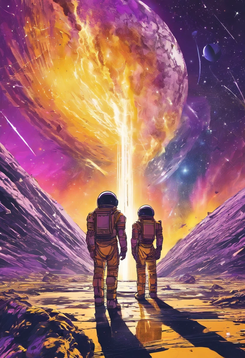 Humans stand on a strong planet.,Men look at exploding stars.,Put on a space suit.,And a lot of meteorites.,Purple and yellow beams.