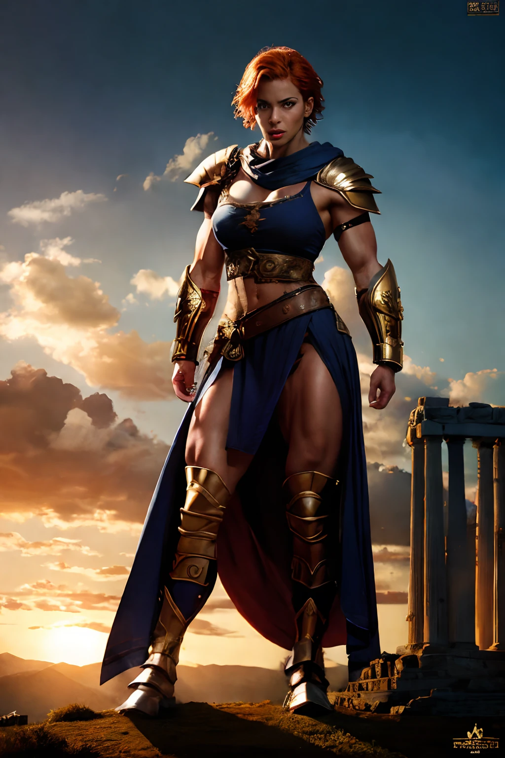full body, whole body. loincloth standing, hands on hips full body, 1solo (girl). slave fighter, metal sandals, choker, big belt, view from below, feet together, bracers, tiara