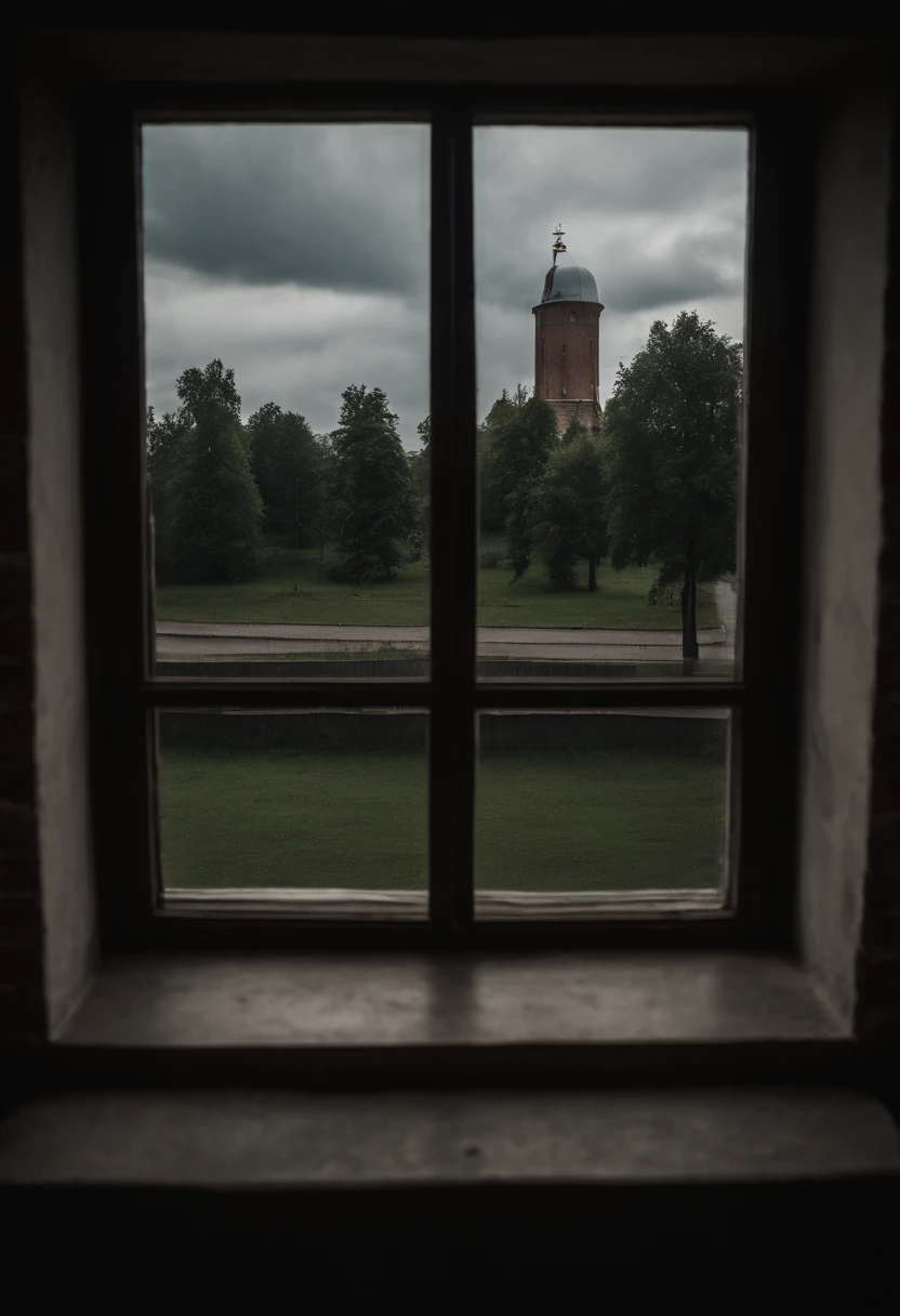 beautiful dark room with a communist large school window, outside the window is a Polish city, Boleslawiec, cloudy sky, 8k, high resolution,