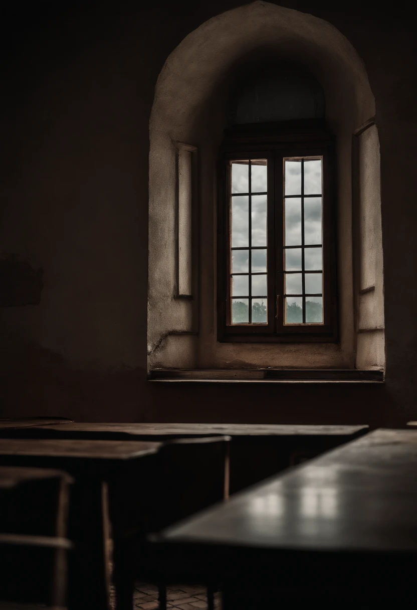 beautiful dark room with a communist large school window, outside the window is a Polish city, Boleslawiec, cloudy sky, 8k, high resolution,